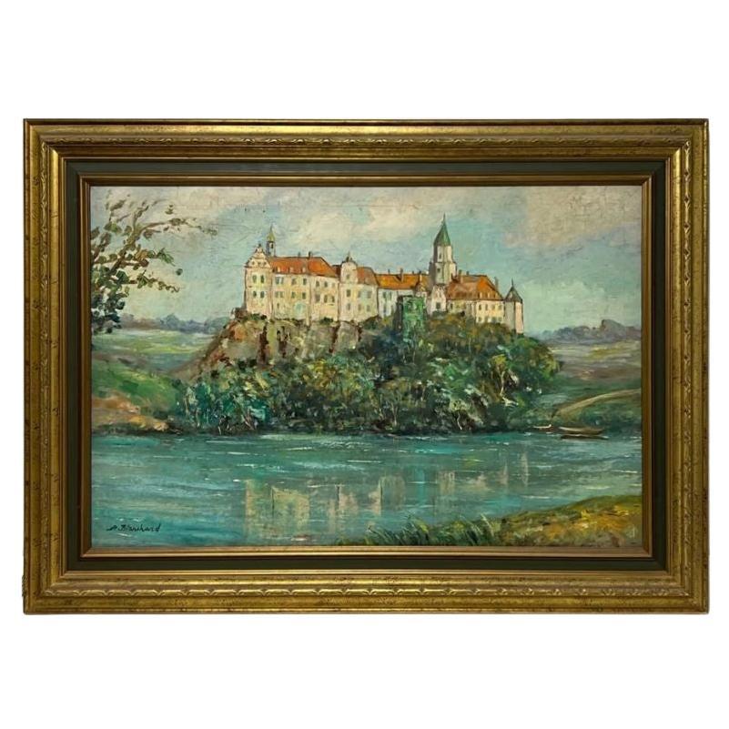 Framed French Castle Oil on Canvas Painting Signed Blanchard