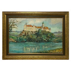 Gerahmtes französisches Schloss, Öl auf Leinwand, Gemälde, signiert Blanchard