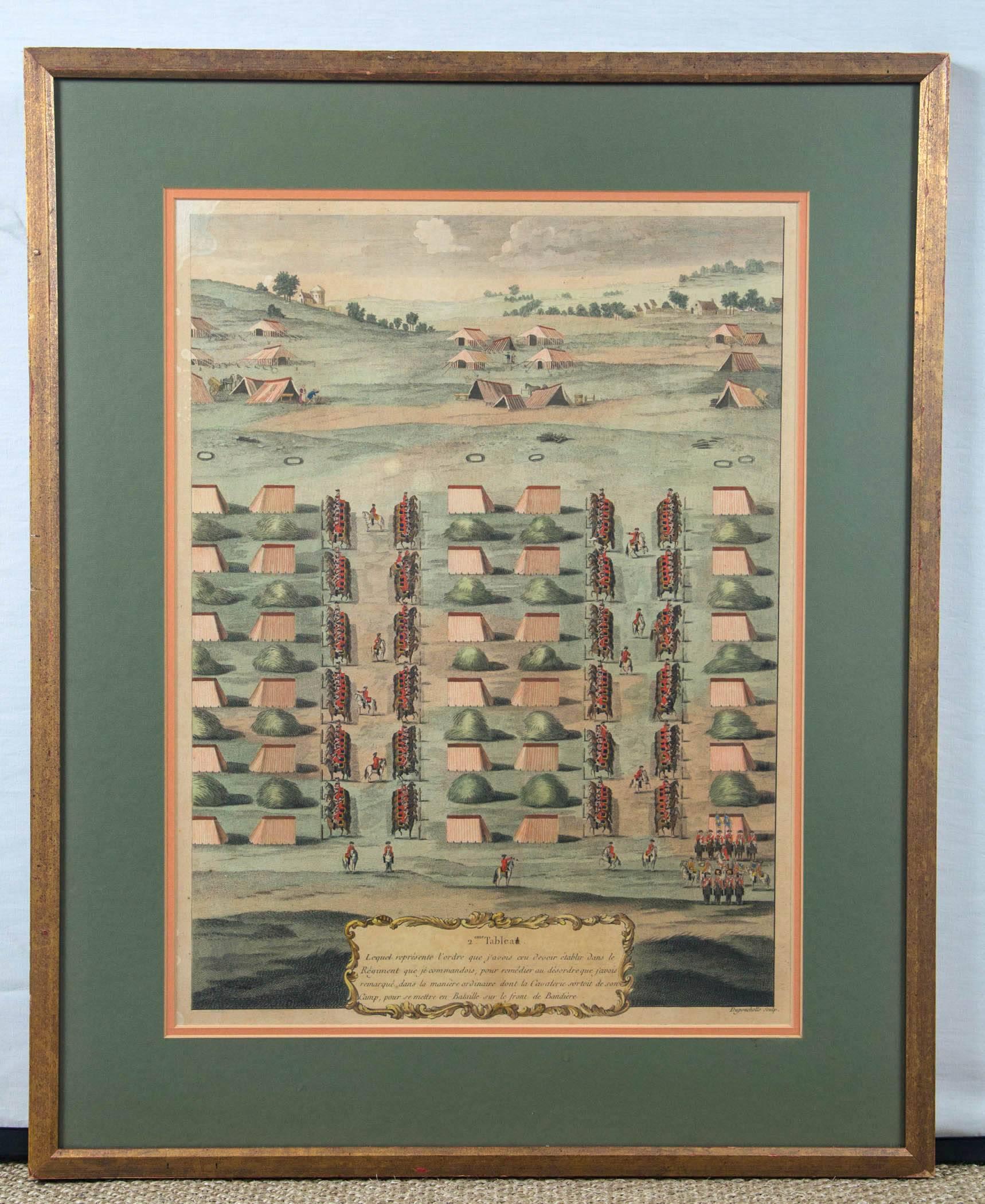 Framed French Cavalry Lithograph, late 19th Century. Hand-colored print depicting a military landscape. Part of a series of prints, signed by Duponchette sculpt. Custom frame and double mat.