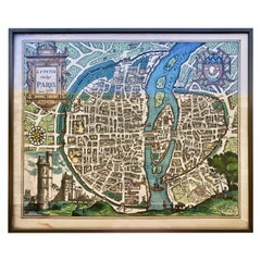 Vintage Framed French Color Engraving of a 1575 Ancient Map of Paris