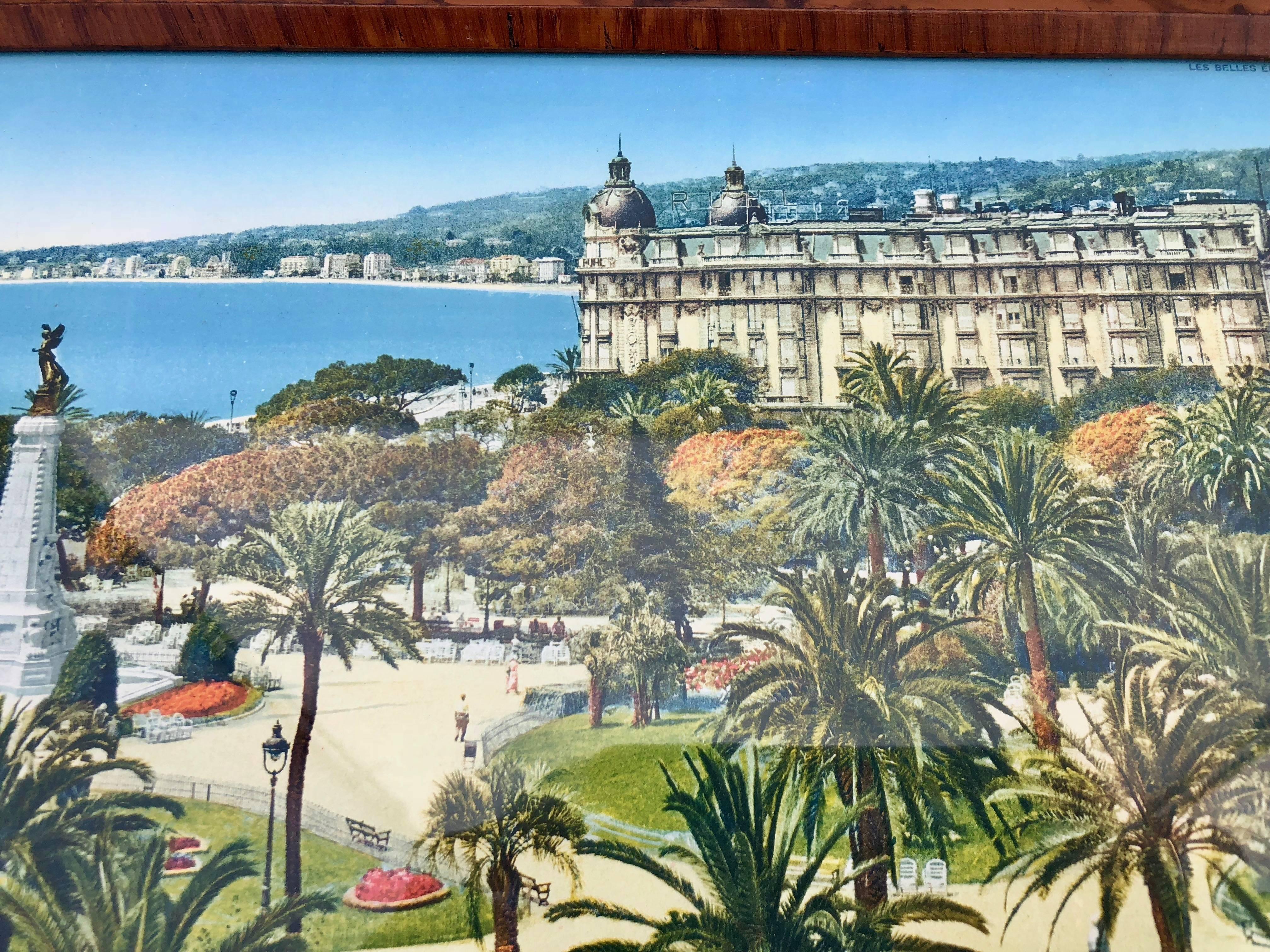 Framed French Colorized Photo Nice, Albert 1st Gardens and Wharf Casino, 1944 In Good Condition For Sale In Petaluma, CA