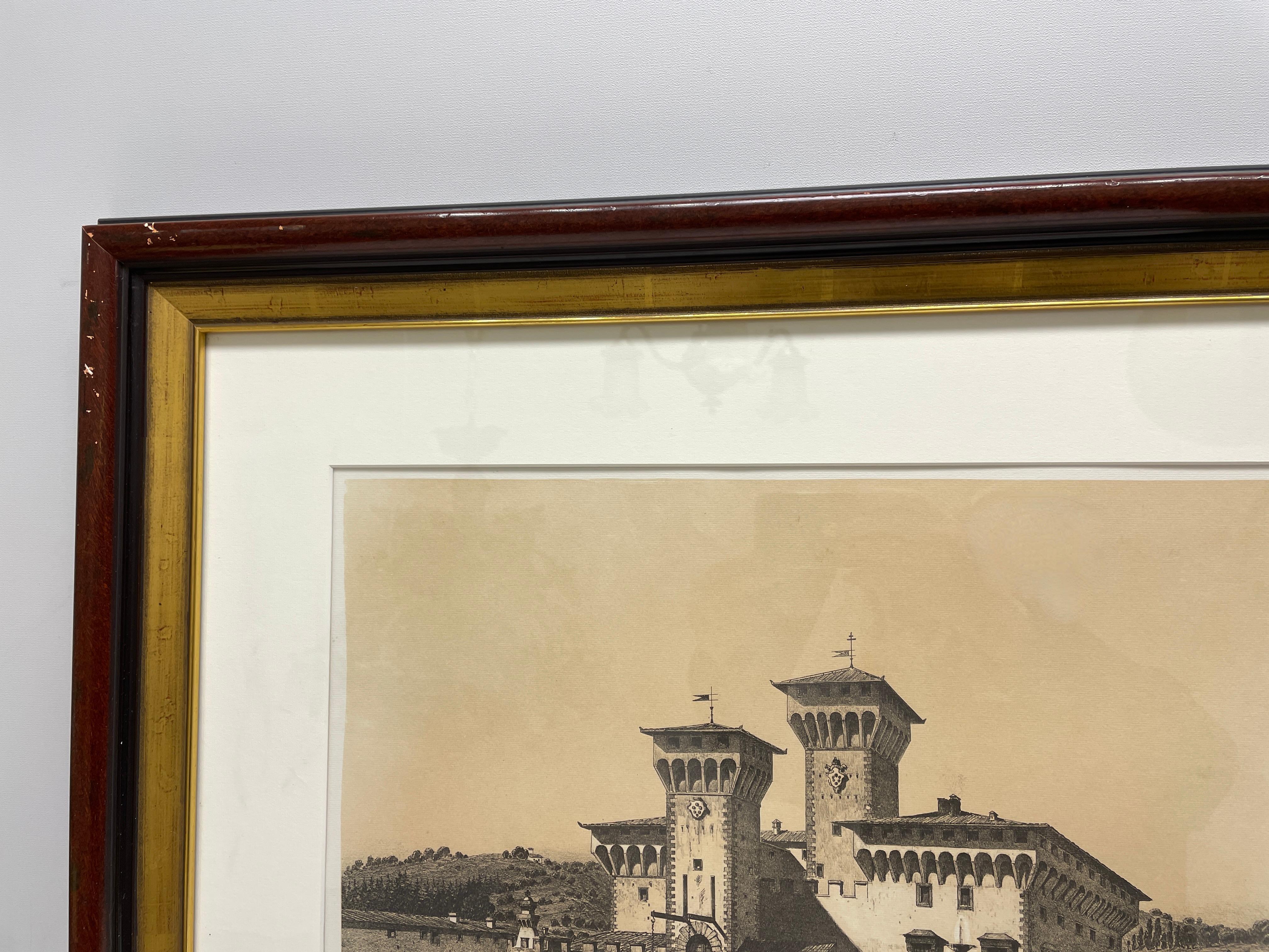20ième siècle La Villa Ducale De Caffaggiolo, Florence, Italie, imprimé cuivre encadré en vente