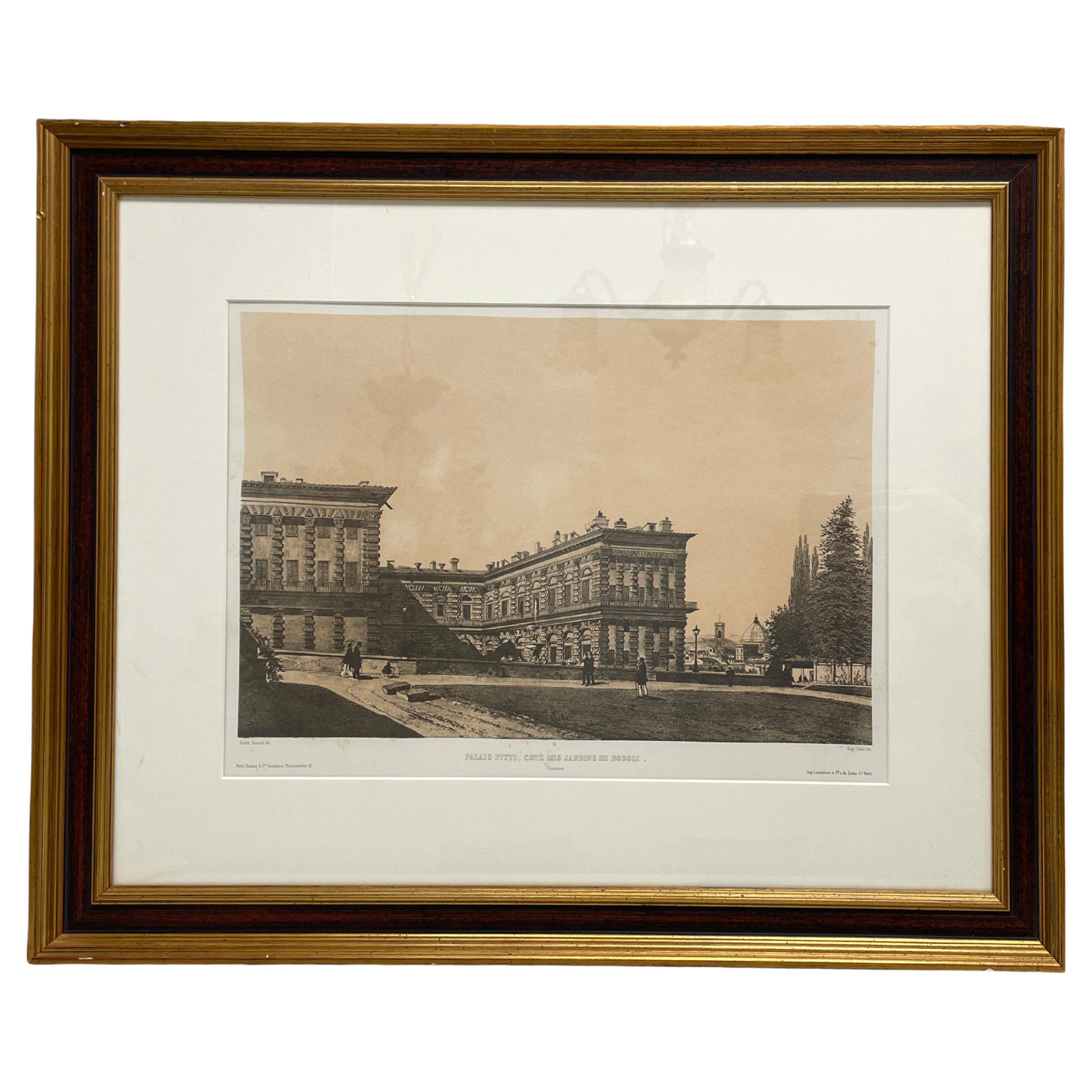 Framed French Copper Print Palais Pitti Cote Jardins De Boboli, Florence, Italy For Sale