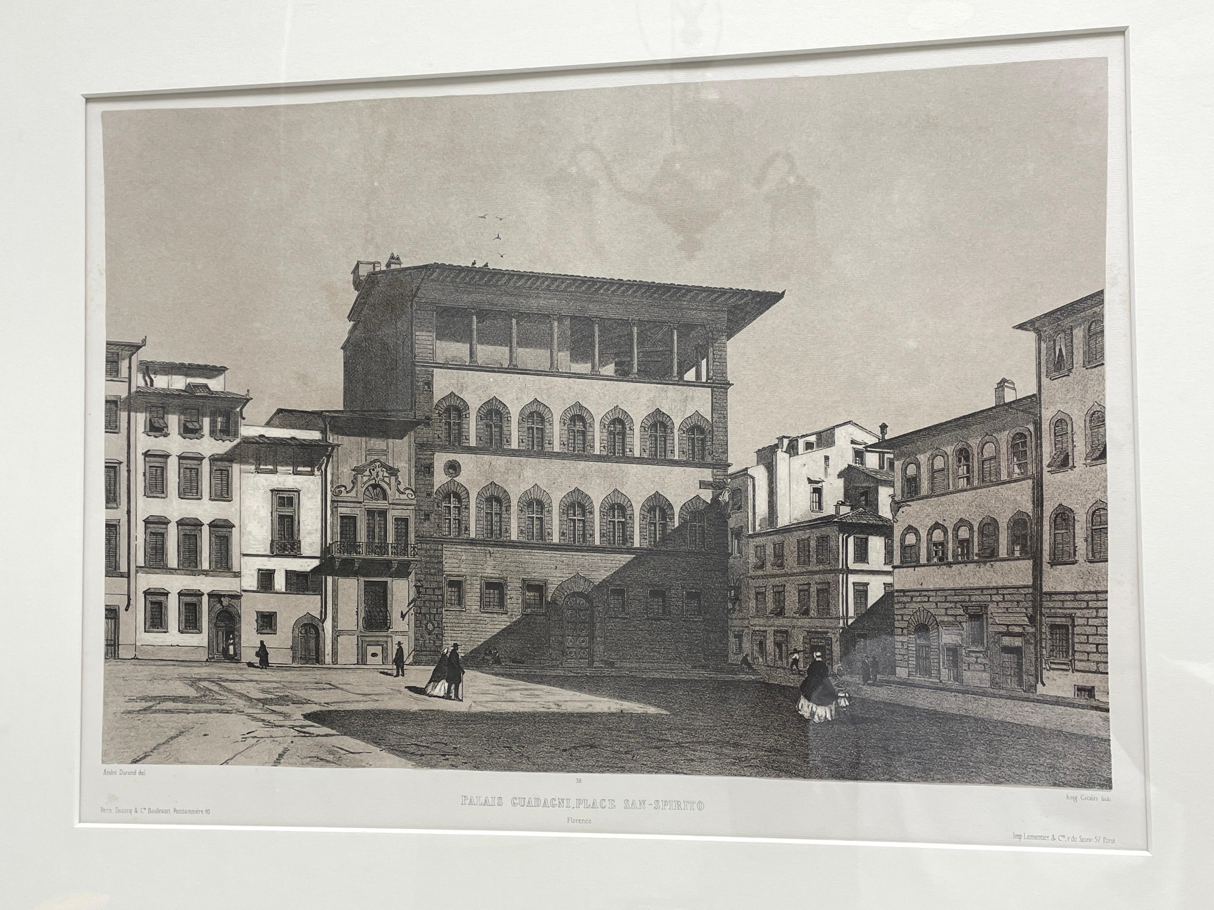 20th Century Framed French Copper Print Palazzo Guadagni Holy Spirit Square, Florence, Italy For Sale