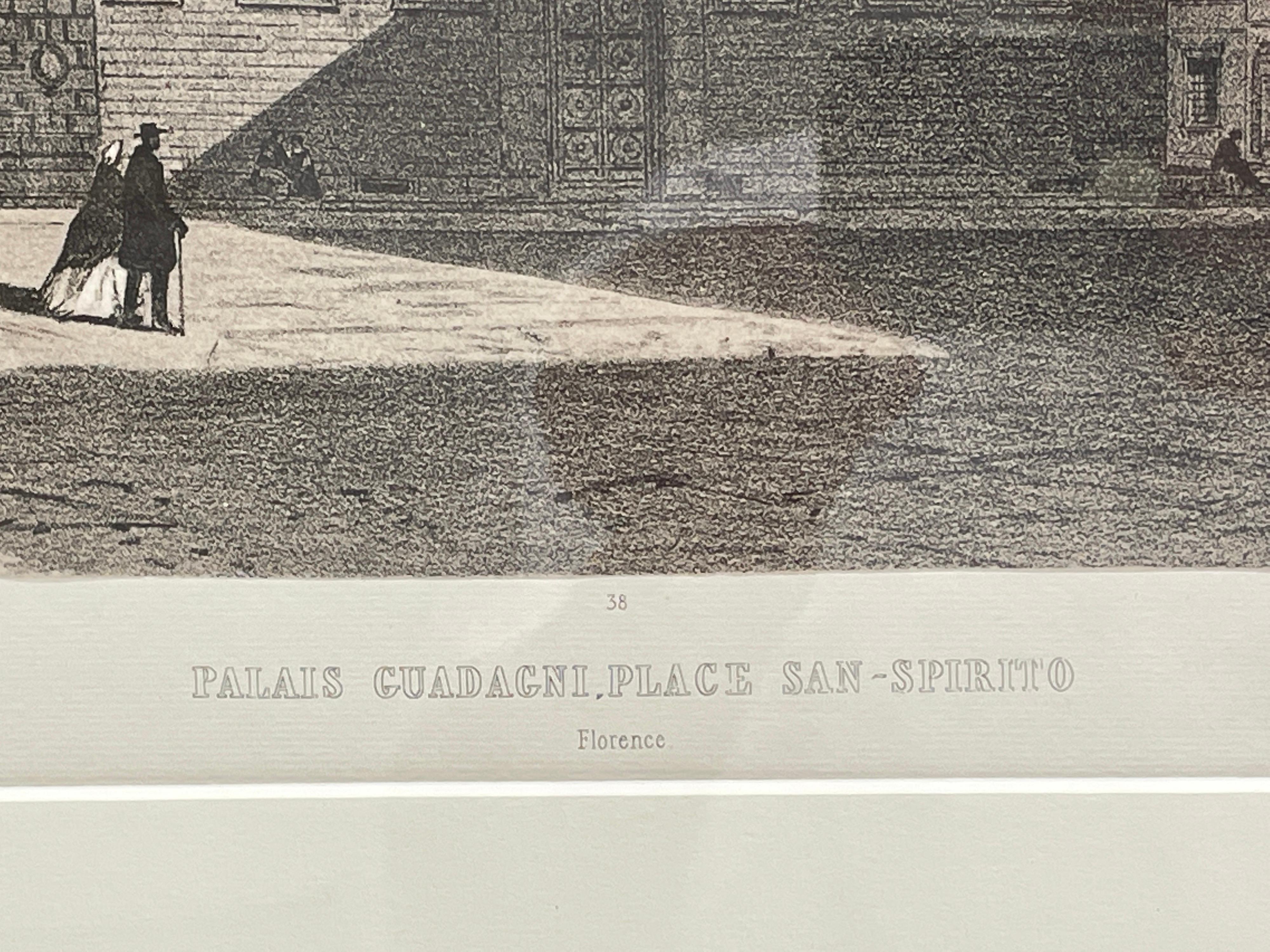 Bois Palazzo Guadagni, Florence, Italie, encadré, imprimé cuivre français Saint-Esprit en vente