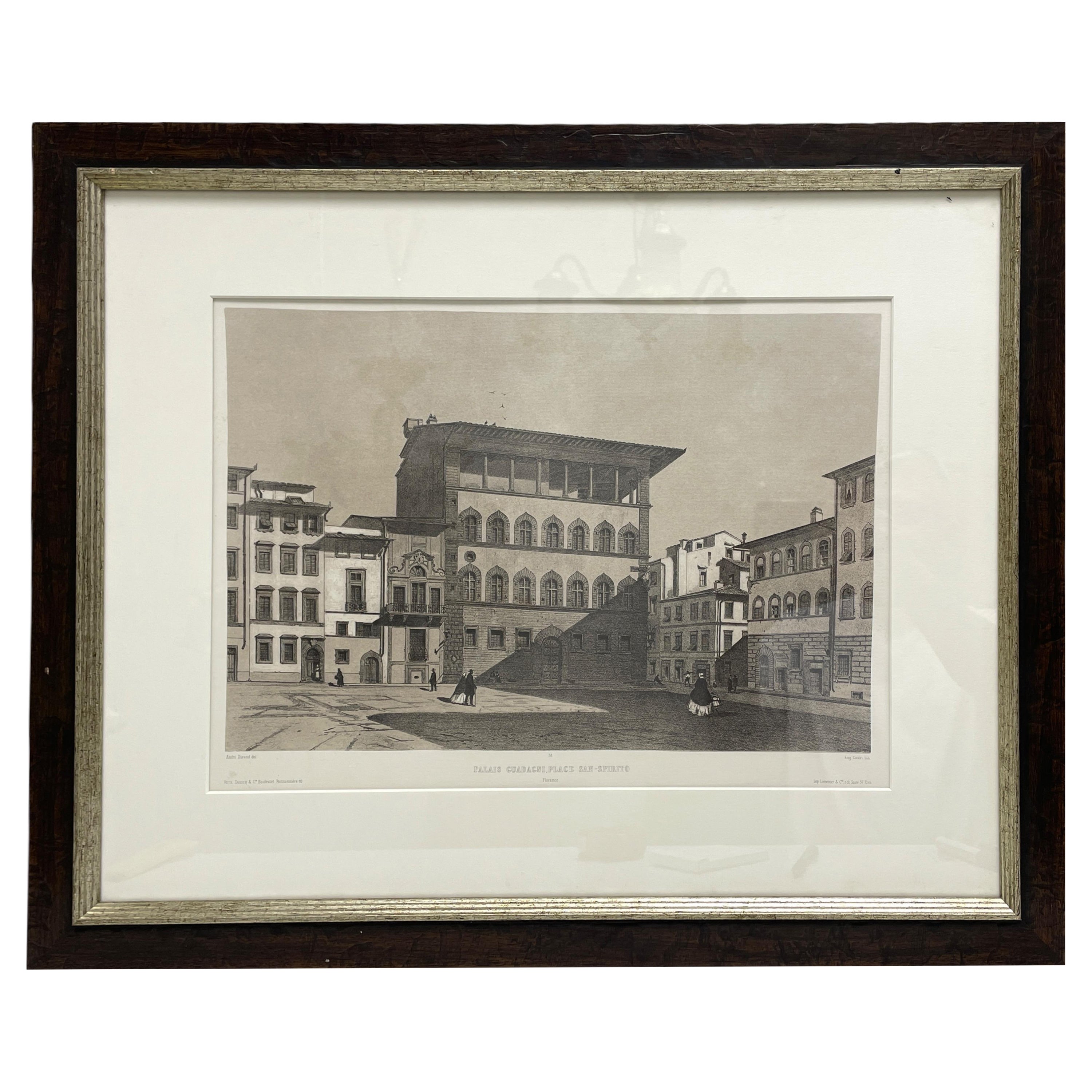Gerahmter französischer Kupferdruck Palazzo Guadagni Holy Spirit Square, Florenz, Italien