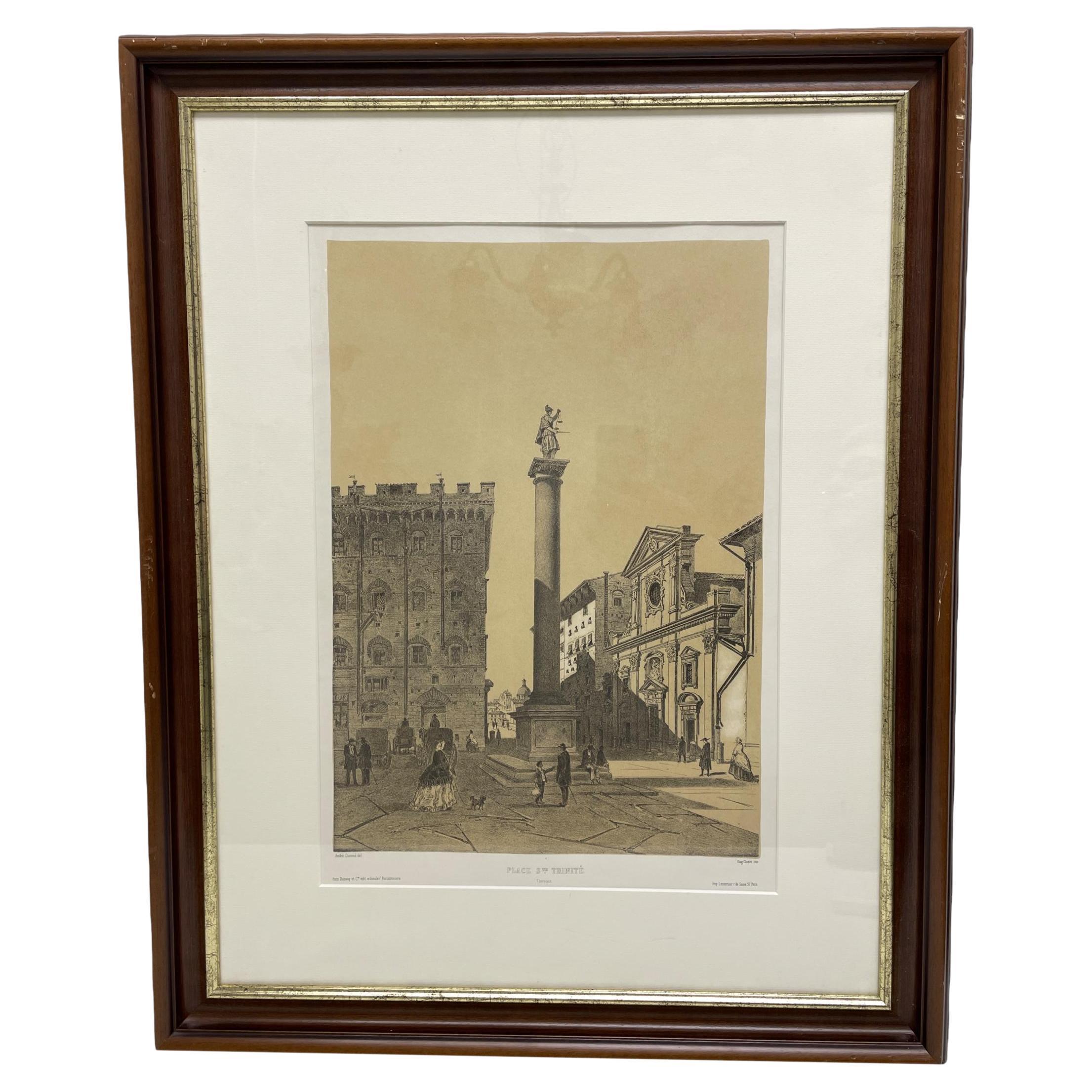 Framed French Copper Print Place Santa Trinita, Florence, Italy For Sale