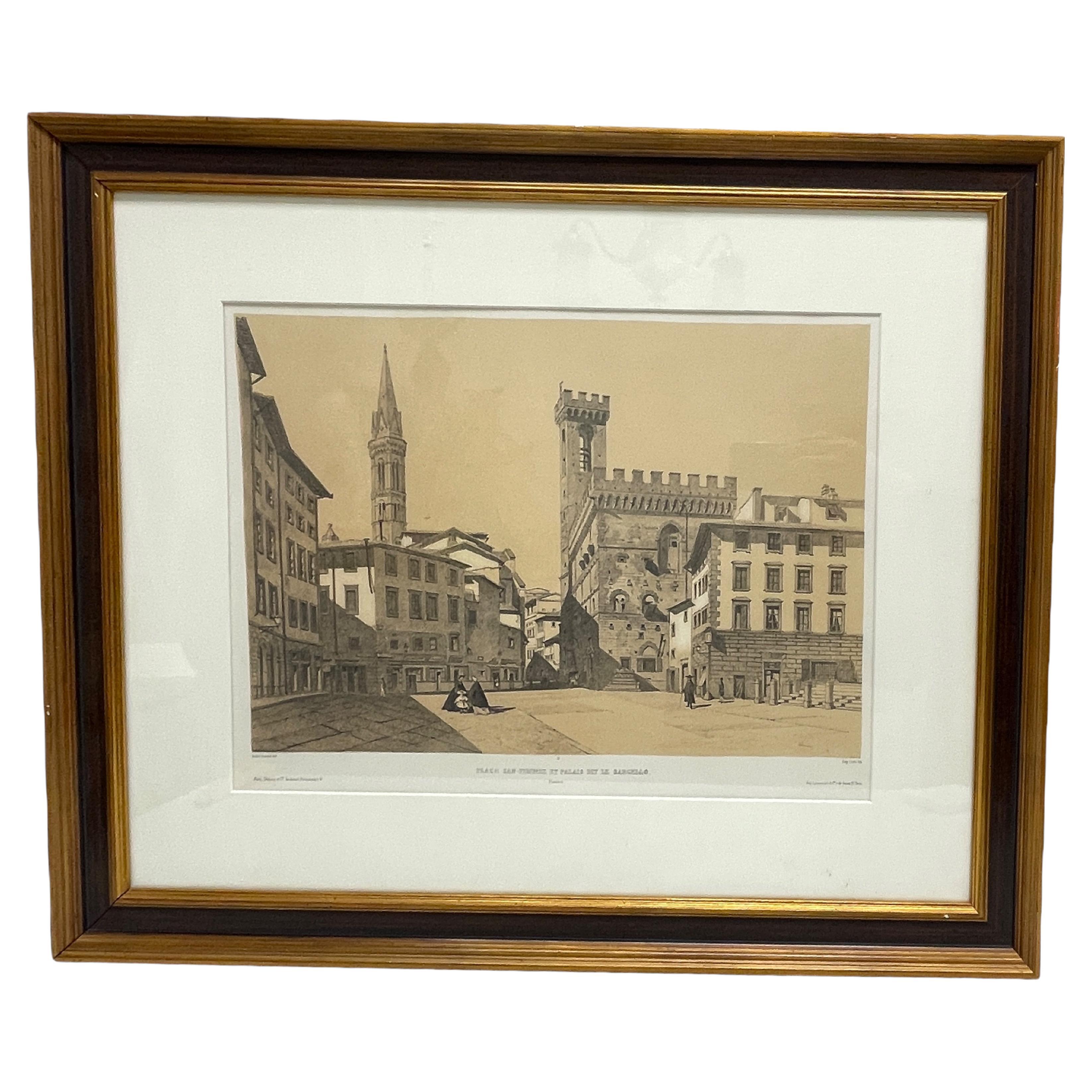 Framed French Copper Print Plaza San Firence, Florence, Italy For Sale
