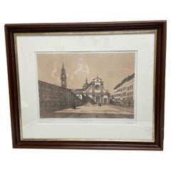 Vintage Framed French Copper Print Plaza San Spirito, Florence, Italy