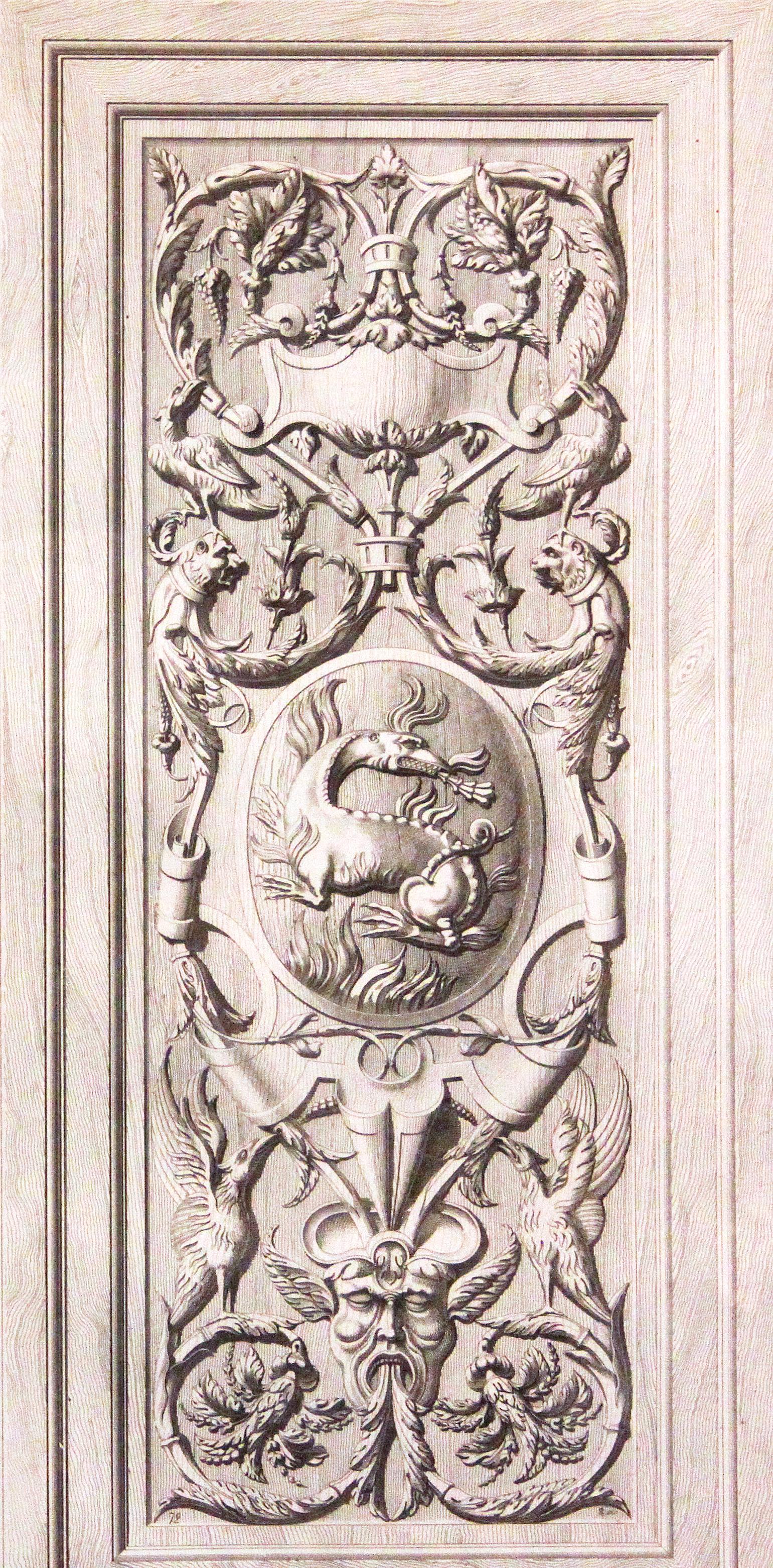 Set of 2 ramed French Gresaille decorative engravings of wall carvings from the Palais de Fontaine Bleau, Galerie De Francois 1st.