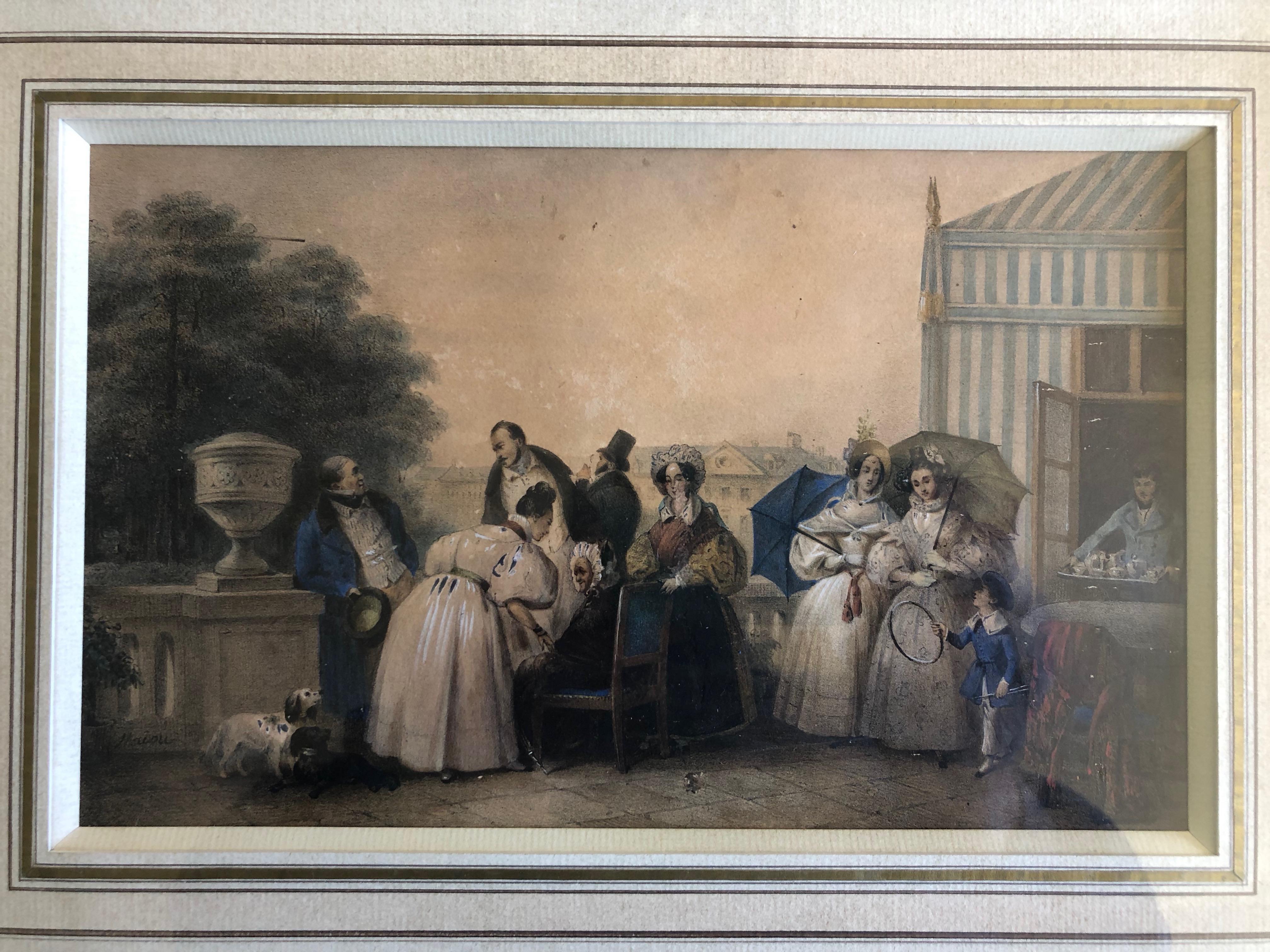 This is a charming French framed hand painted color engraving of a family and dogs enjoying a sunny day. It is signed at the bottom left 