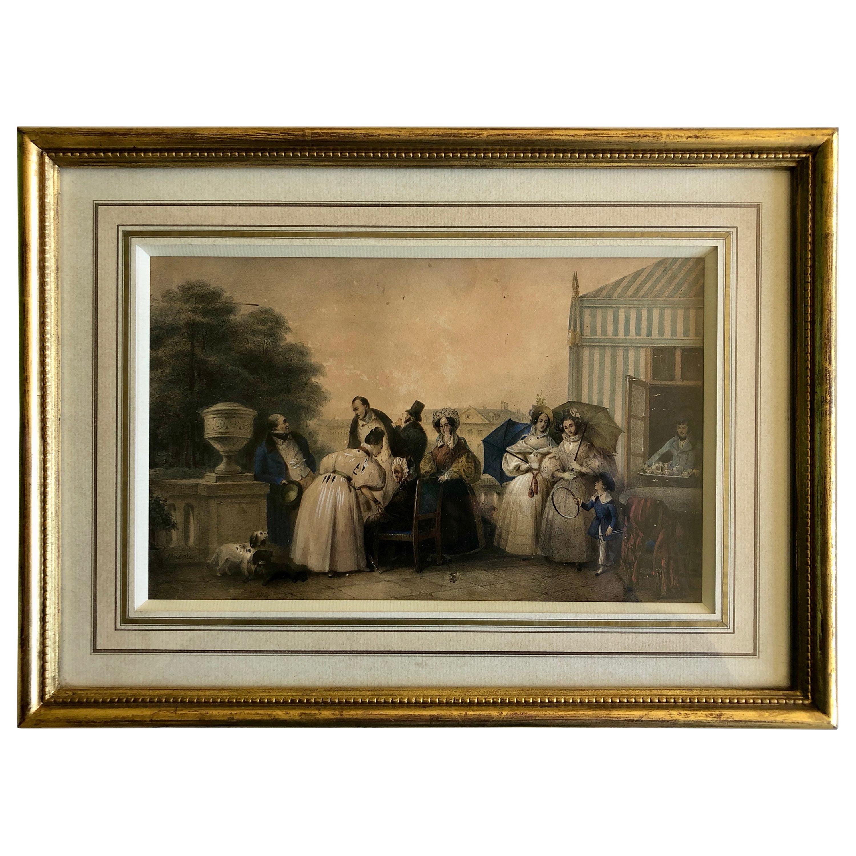 Framed French Hand Painted Color Engraving of a Family and Dogs Enjoying the Day For Sale