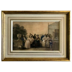 Framed French Hand Painted Color Engraving of a Family and Dogs Enjoying the Day
