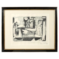 Litografía cubista abstracta francesa de mediados de siglo de Pierre Merlier nº 2 enmarcada