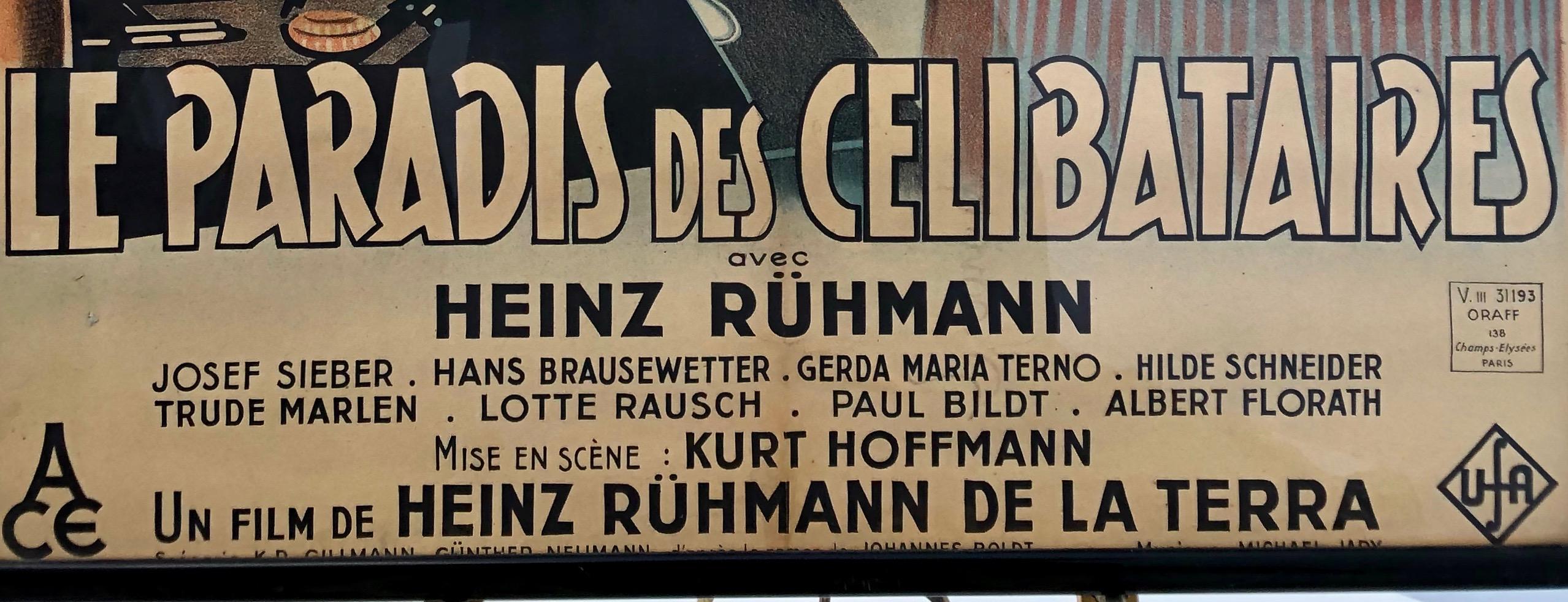 20th Century Framed French Movie Poster, 1940 German Comedy 'Le Paradis Des Célibataires' For Sale