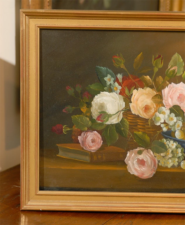 Hand-Painted Framed French Oil on Canvas Painting of Flowers, circa 1910