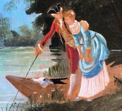 Framed French Oil on Wood Painting, Pastoral Scene of a Couple Along a River