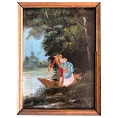 Framed French Oil on Wood Painting, Pastoral Scene of a Couple Along a River