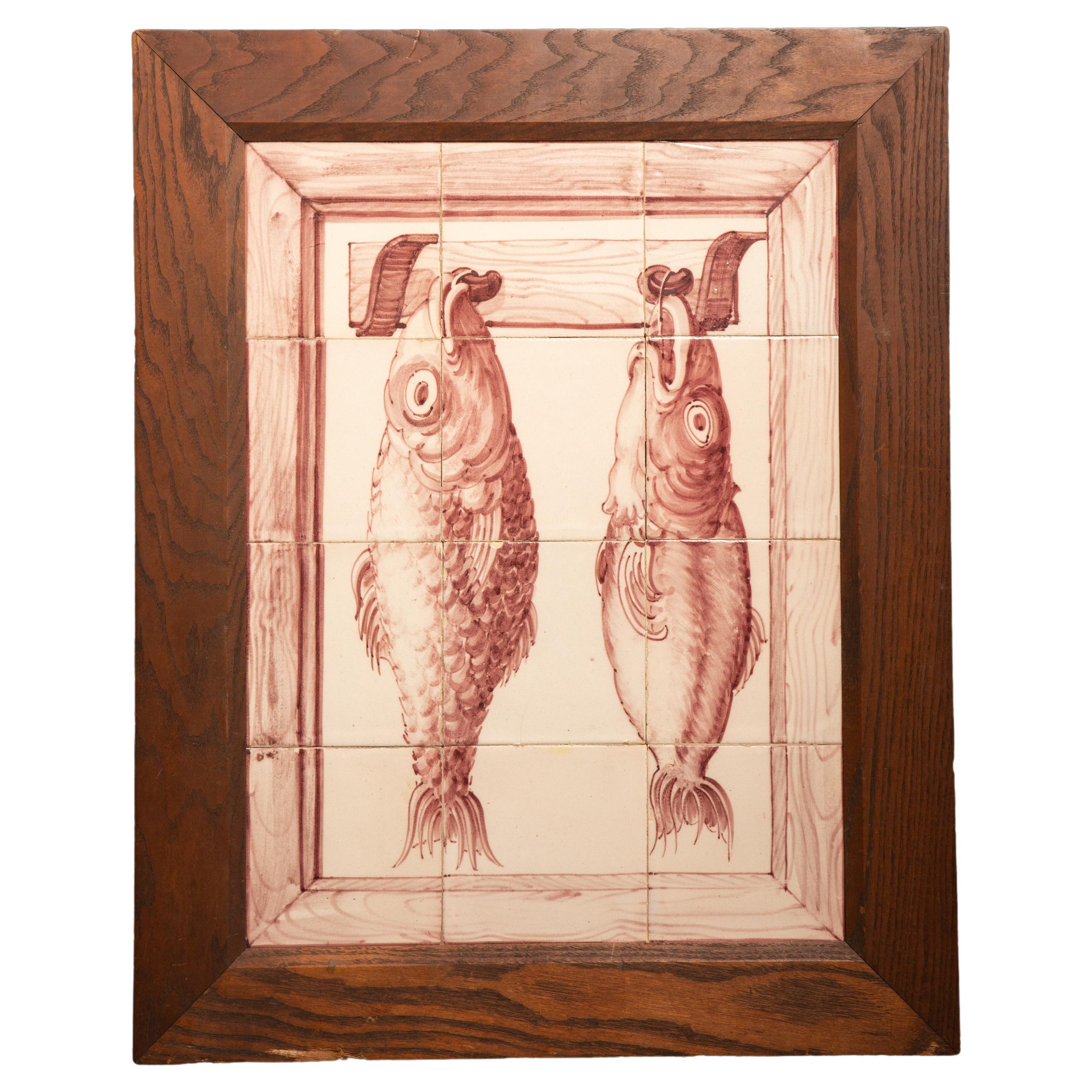 Framed French Painted Tile Group Illustrating Fish