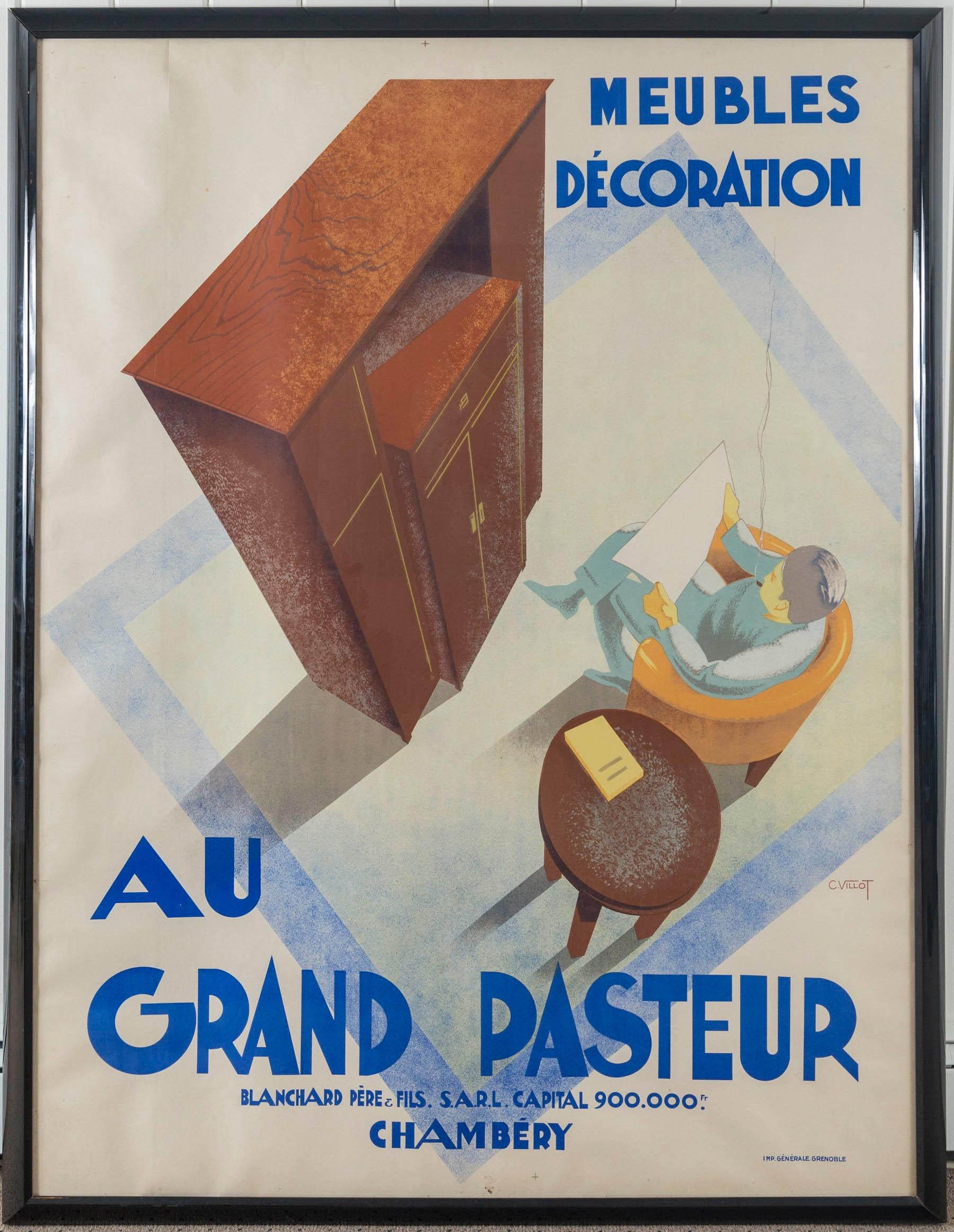 Framed French poster, 'Au Grand Pasteur' by C. Villot, France, 1935. An art deco advertisement for a furniture store located in Chambery, France. The overall design features a dramatic perspective, highlighting the art deco furniture.