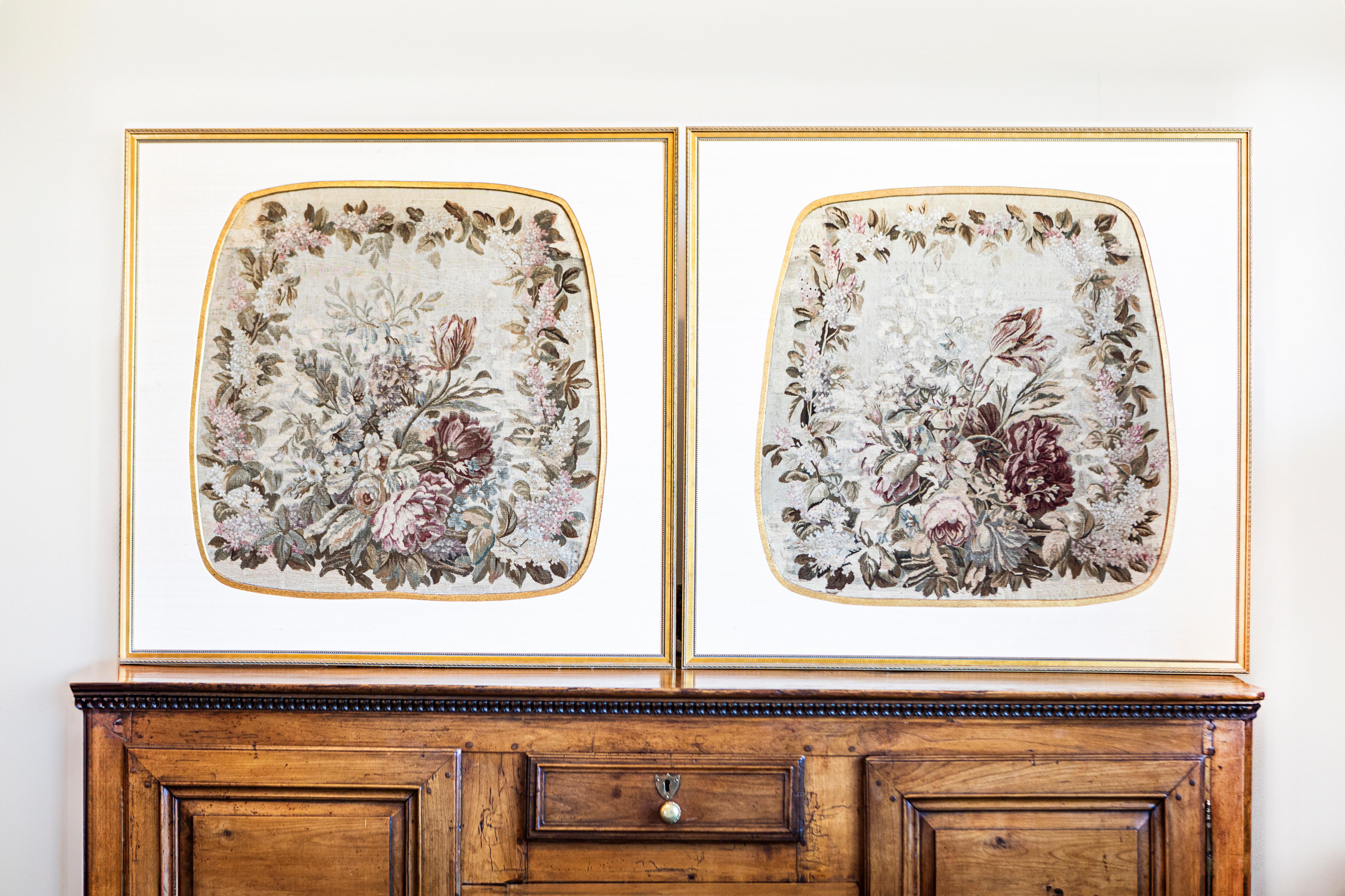 Three French silk Aubusson floral tapestries from the 19th century in carved giltwood frames, priced and sold individually. Born in the famous Aubusson Manufacture located in central France during the 19th century, each of these three lovely framed