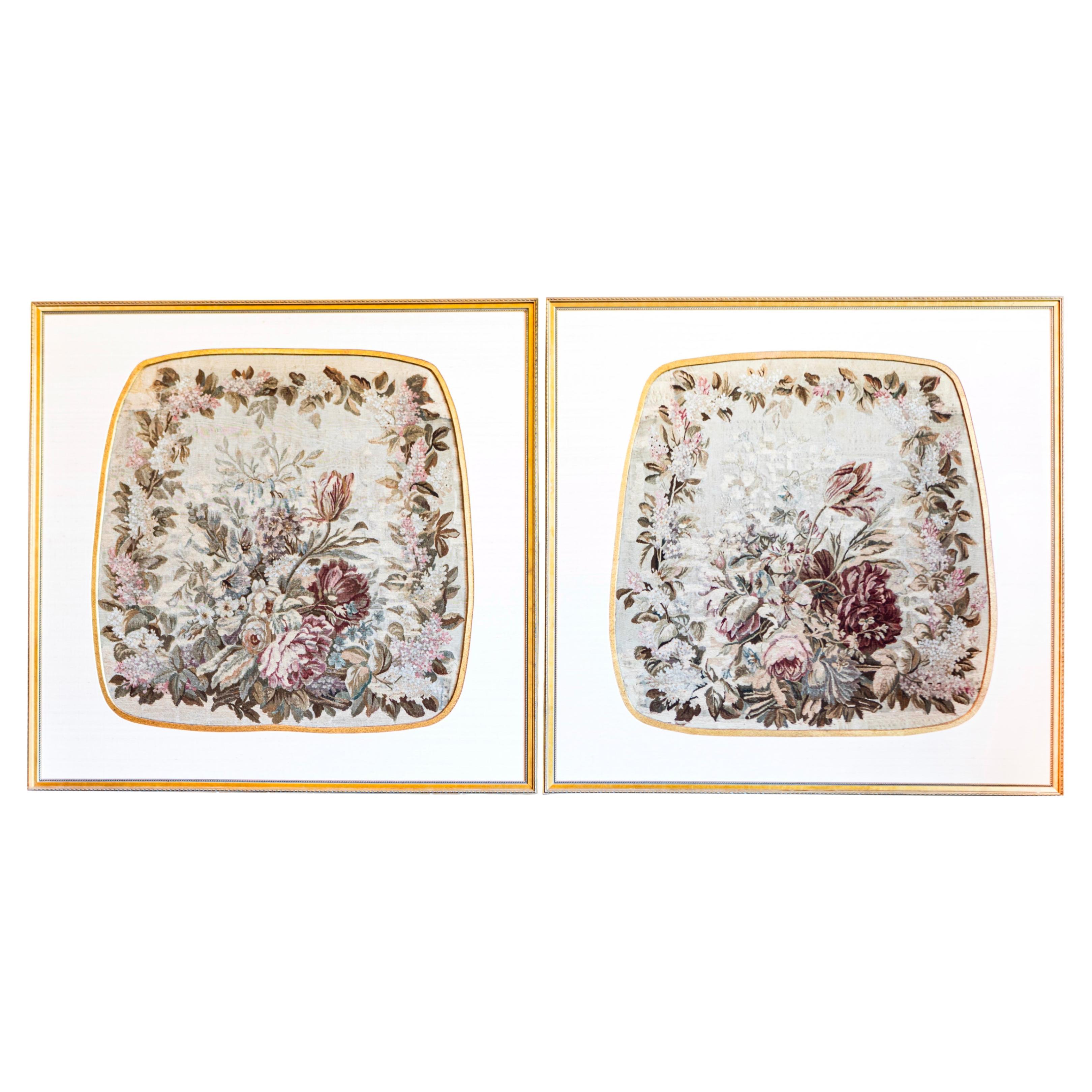 Gerahmte französische Aubusson-Wandteppiche aus Seide mit Blumendekor aus Seide, einzeln verkauft im Angebot