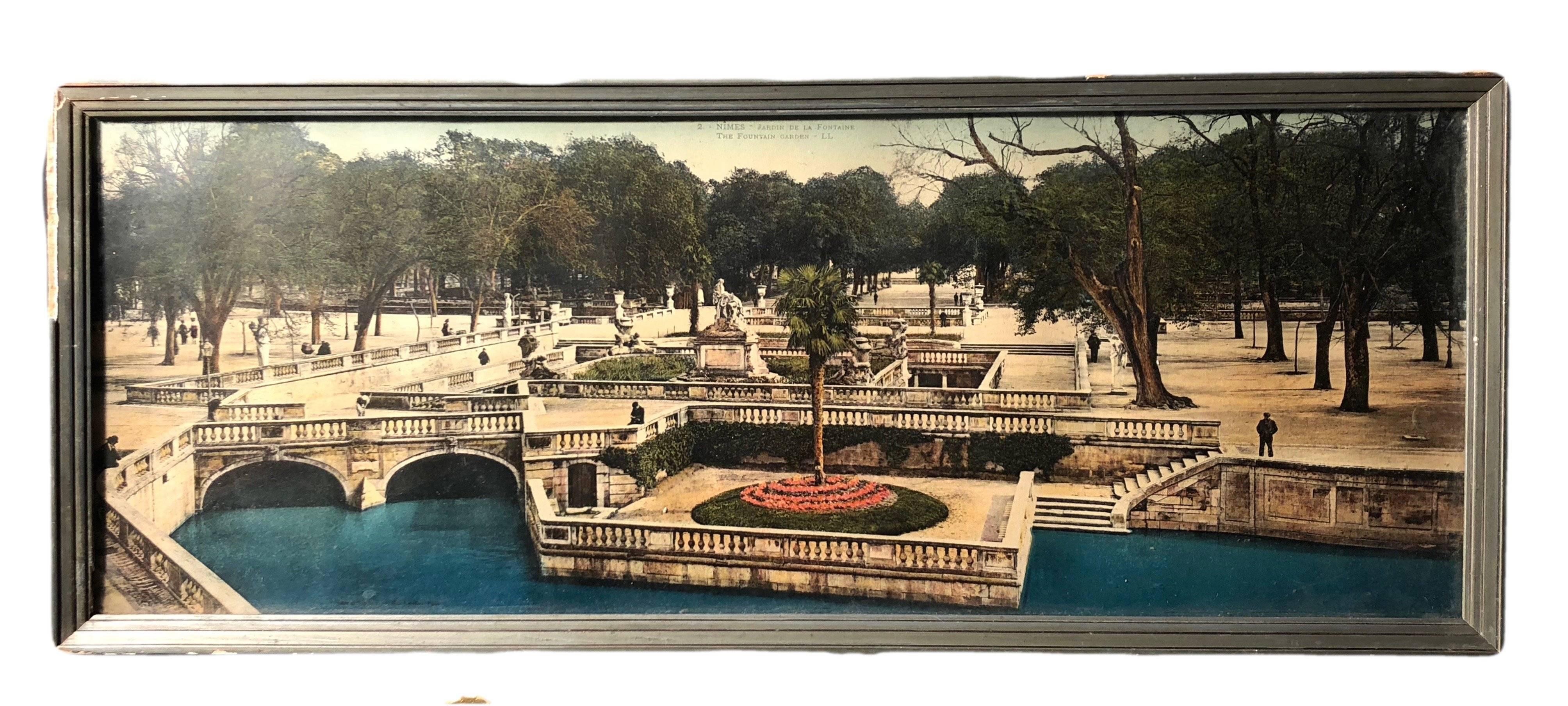 Framed French Souvenir Colorized Photos City of Nimes ‘Arenas, Fountain Gardens’ In Good Condition For Sale In Petaluma, CA
