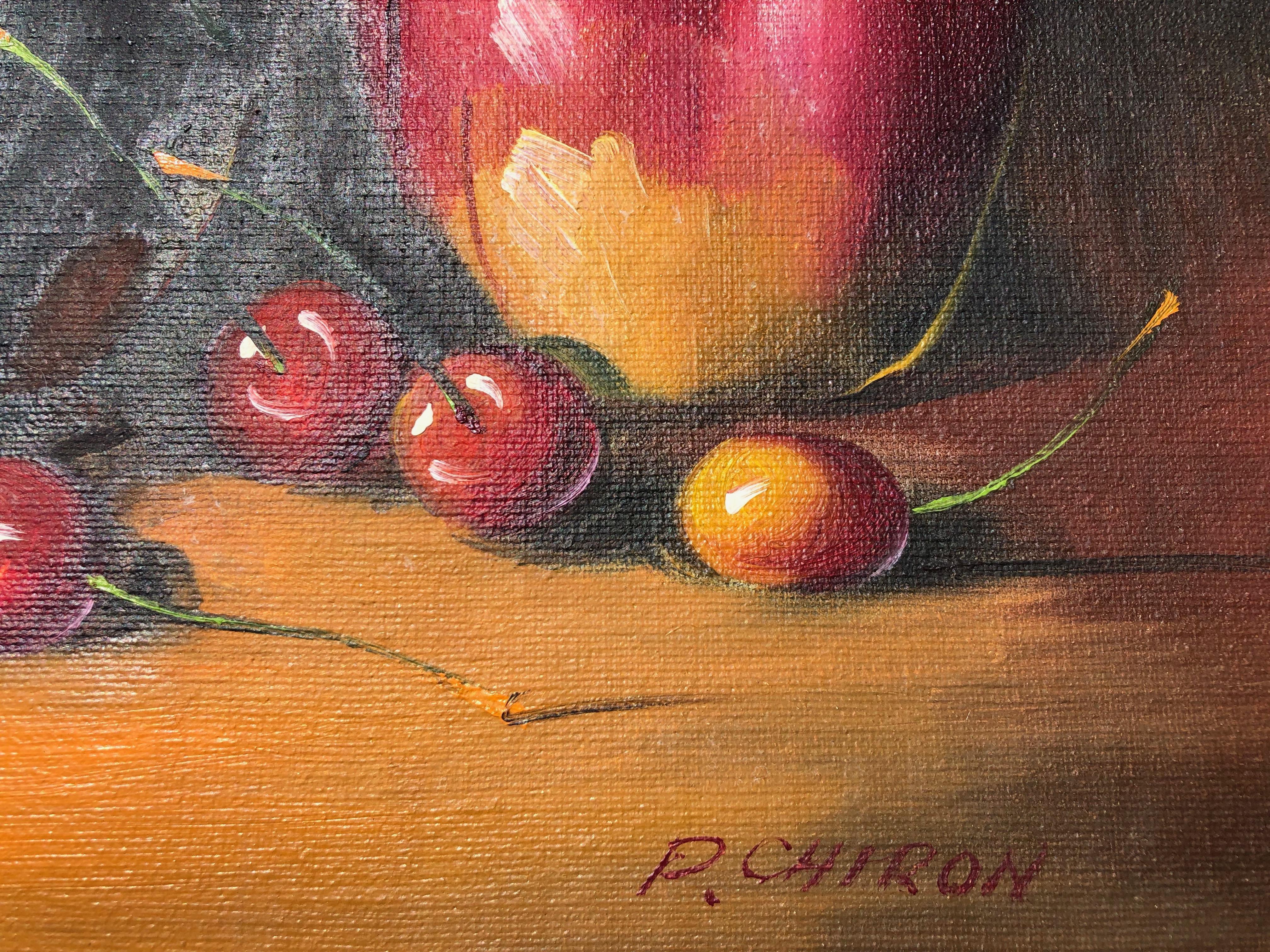 This is a gorgeous framed French oil on canvas painting signed by artist P. Chiron. The still life is beautifully done and include a glass of wine, loose cherries, an apple and a pitcher.
 