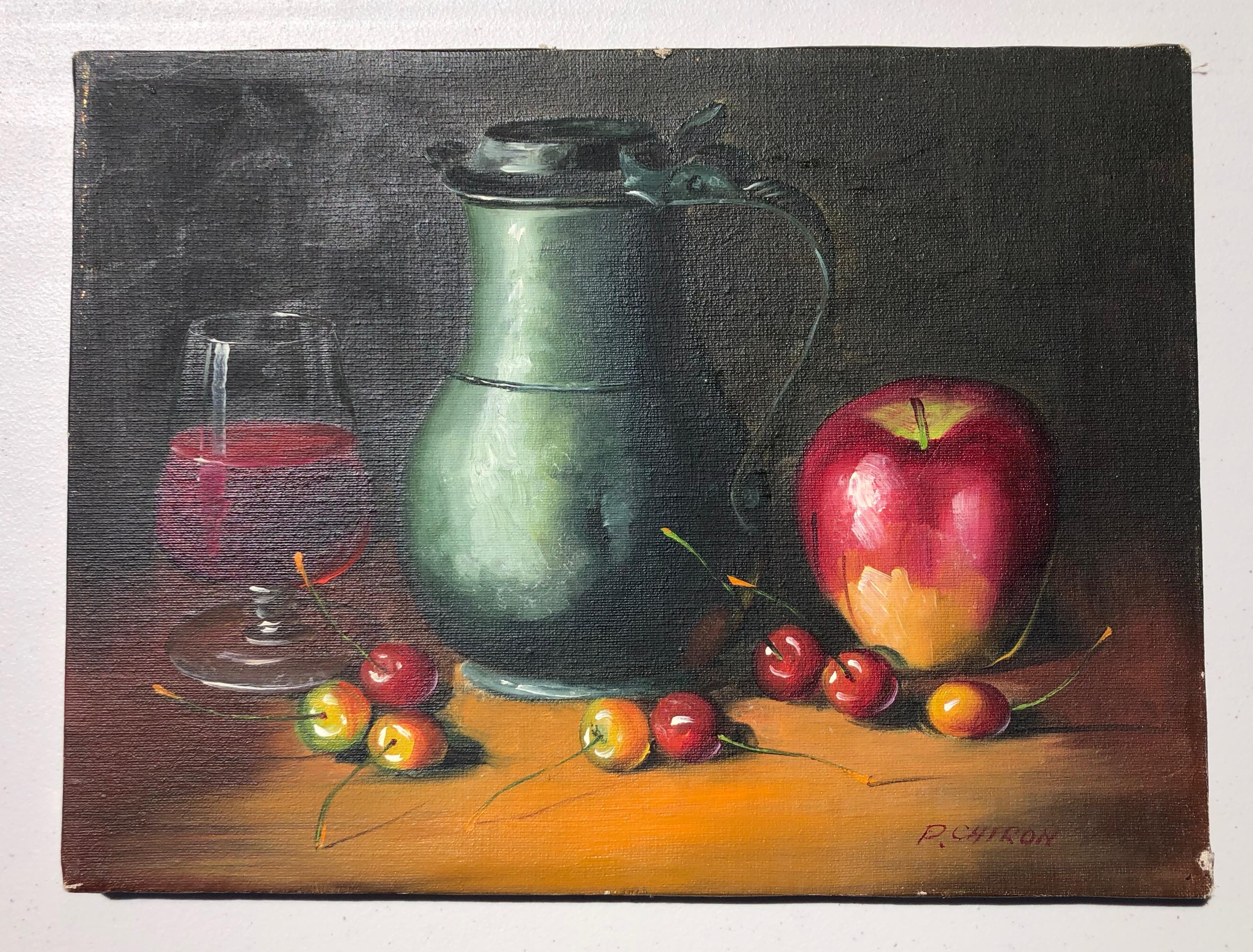 Hand-Painted Framed French Still Life Oil on Canvas of Fruit, Wine, Pitcher, Signed P. Chiron For Sale