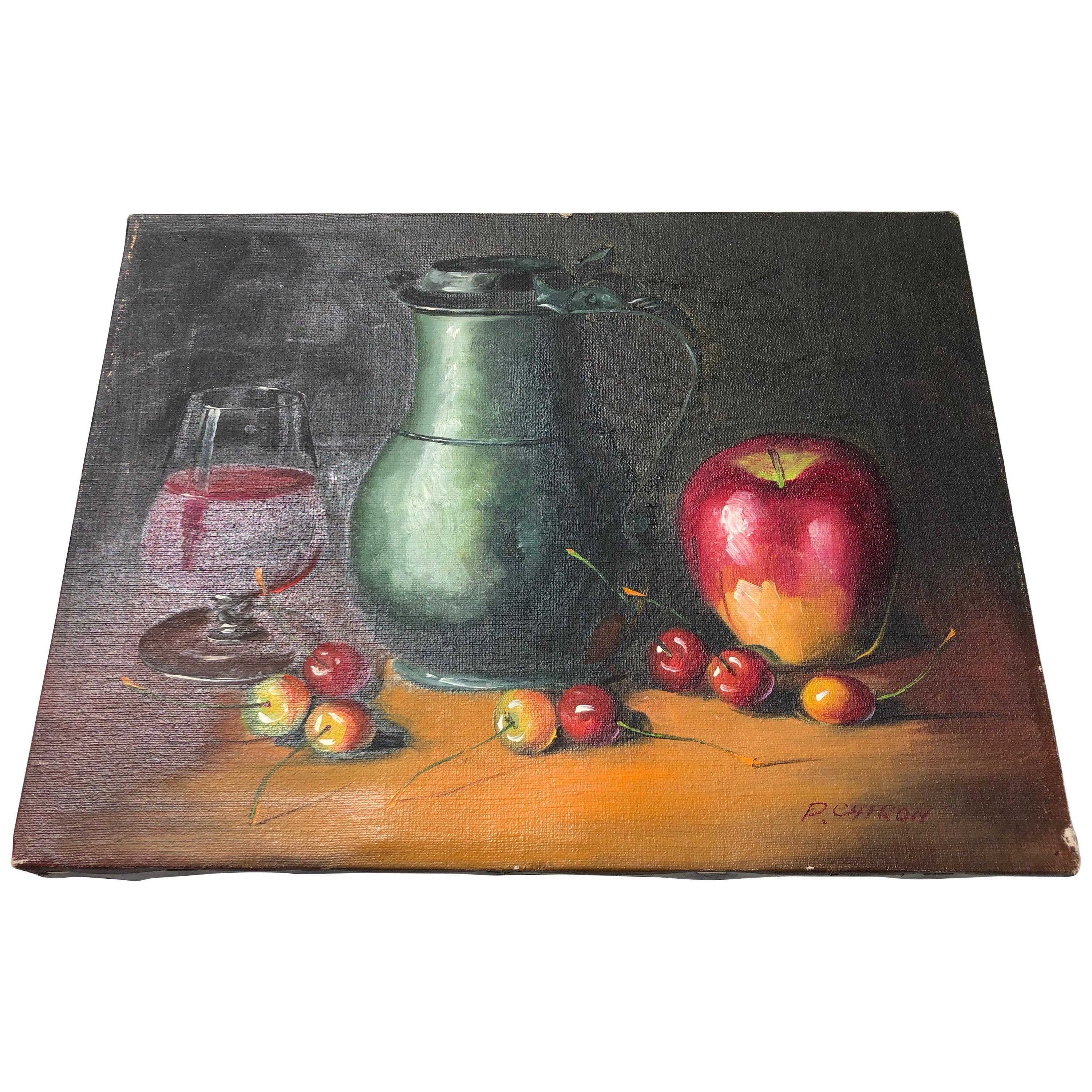 Framed French Still Life Oil on Canvas of Fruit, Wine, Pitcher, Signed P. Chiron For Sale