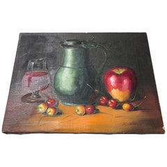 Framed French Still Life Oil on Canvas of Fruit, Wine, Pitcher, Signed P. Chiron