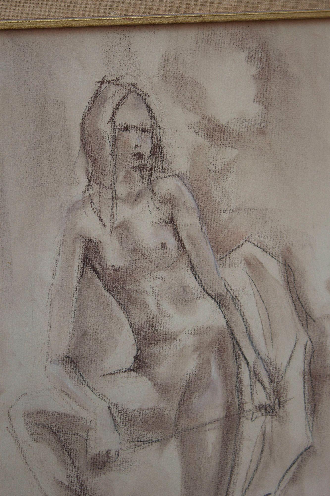 American Framed Full Length Female Nude in Conte Crayon For Sale