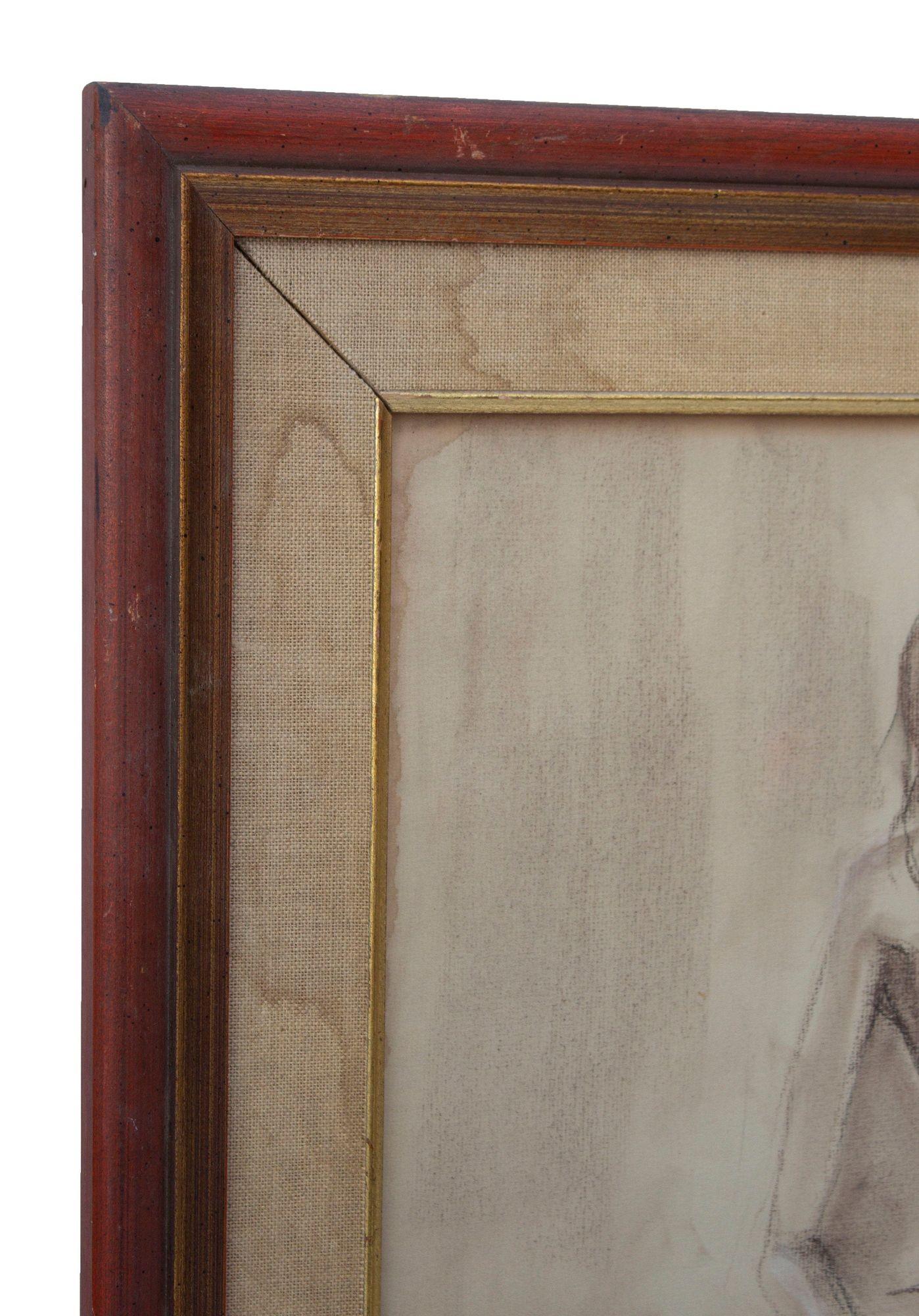 20th Century Framed Full Length Female Nude in Conte Crayon For Sale