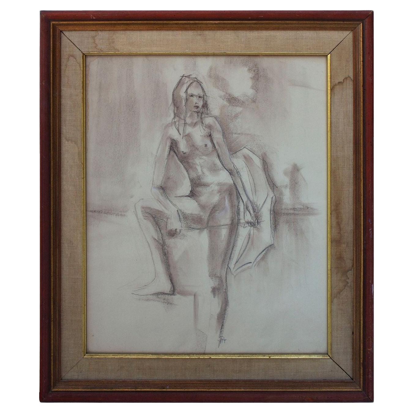 Framed Full Length Female Nude in Conte Crayon For Sale