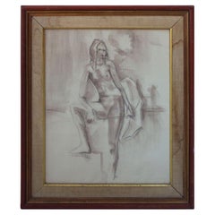 Framed Full Length Female Nude in Conte Crayon