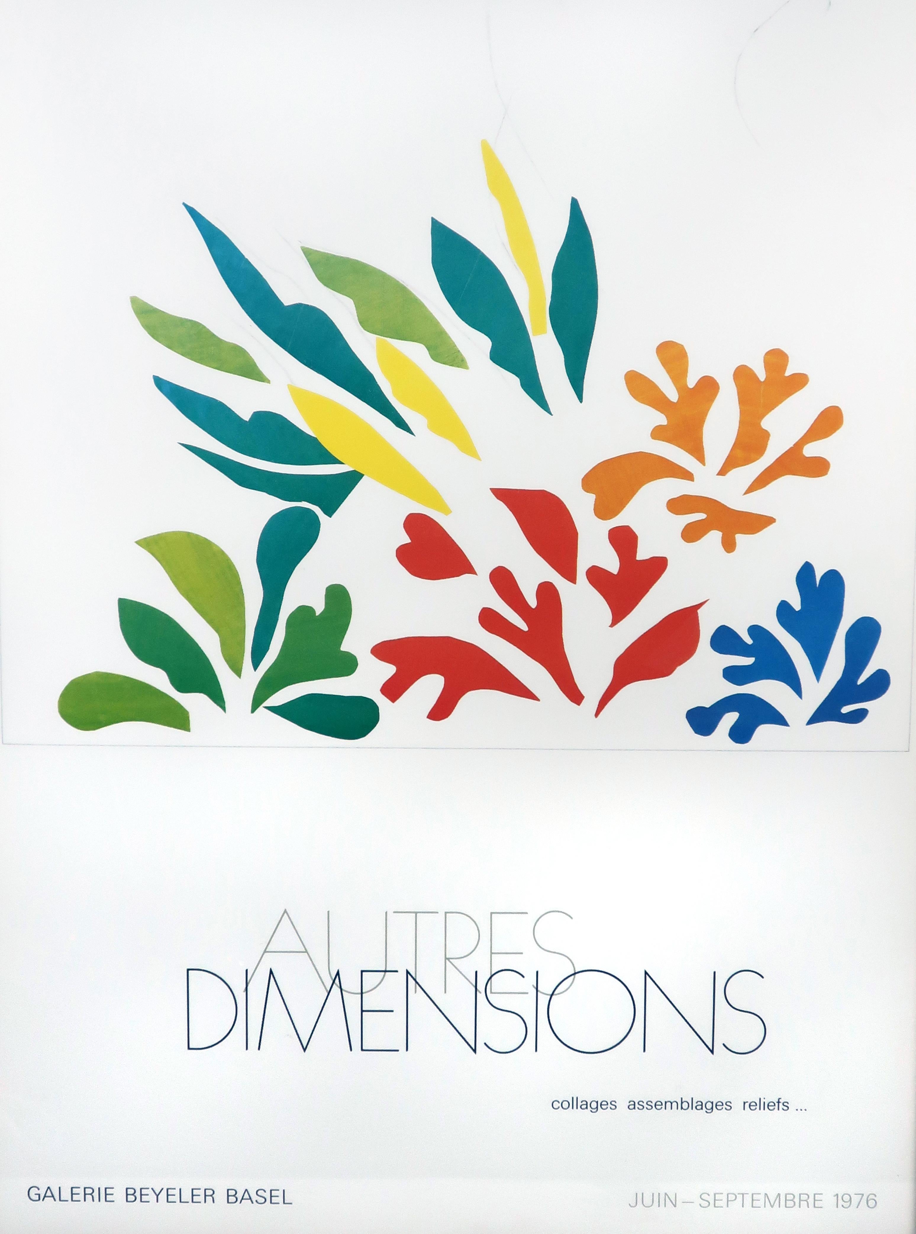 A framed poster from the Autres Dimensions exhibition at Galerie Beyeler Basel that ran June-Sept 1976. Included “collages, assemblages, reliefs” by a huge range of artists, including Arp, Antes, Braque, Dine, Christo, Klee, Krasner, Lichtenstein,
