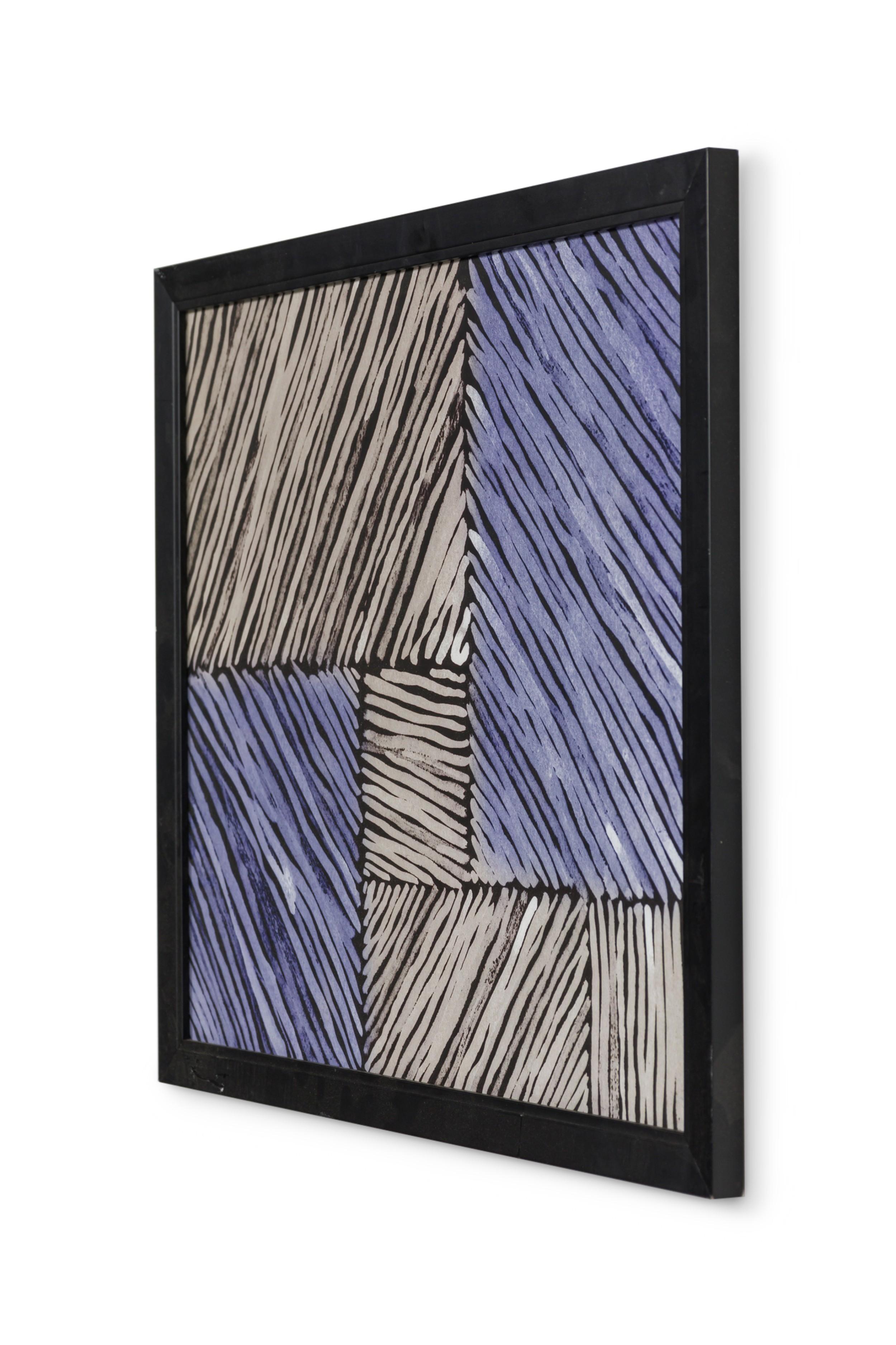 Gerahmter Druck eines abstrakten Gemäldes, das aus sich überschneidenden Blöcken mit diagonalen Linien in Grün, Lavendel und Tiefblau besteht, die in einem geometrischen Muster mit expressionistischen Pinselstrichen in einem schwarzen Rahmen