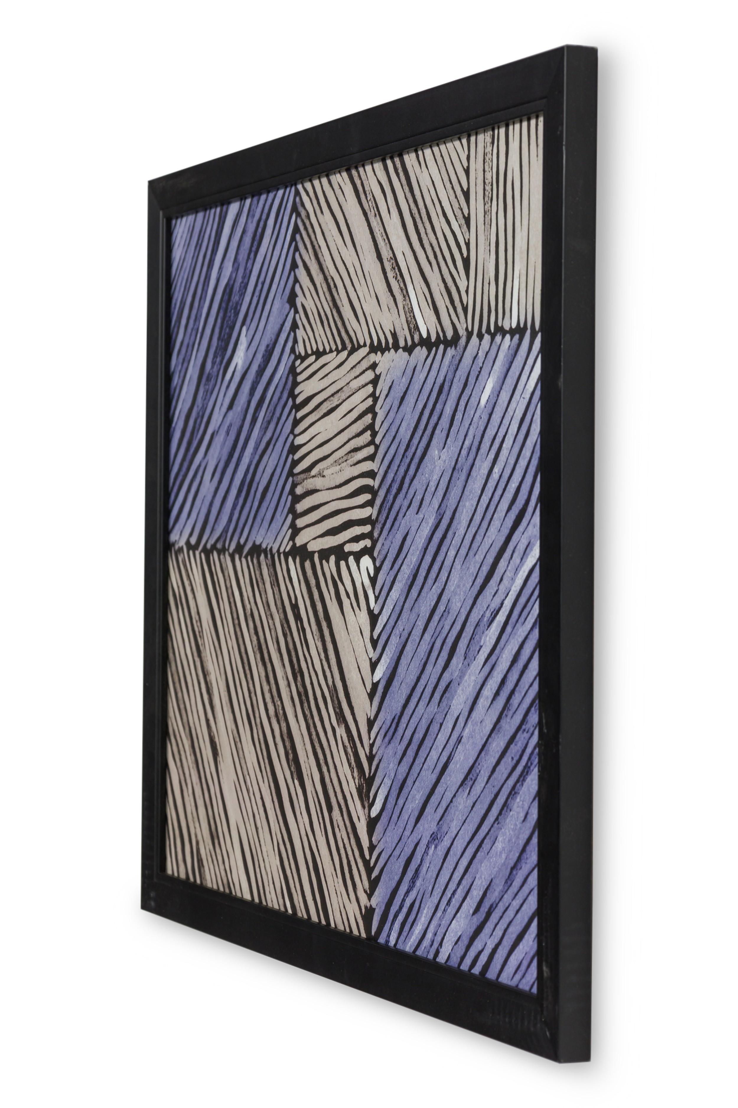 Gerahmter Druck eines abstrakten Gemäldes, das aus sich überschneidenden Blöcken mit diagonalen Linien in Grün, Lavendel und Tiefblau besteht, die in einem geometrischen Muster mit expressionistischen Pinselstrichen in einem schwarzen Rahmen