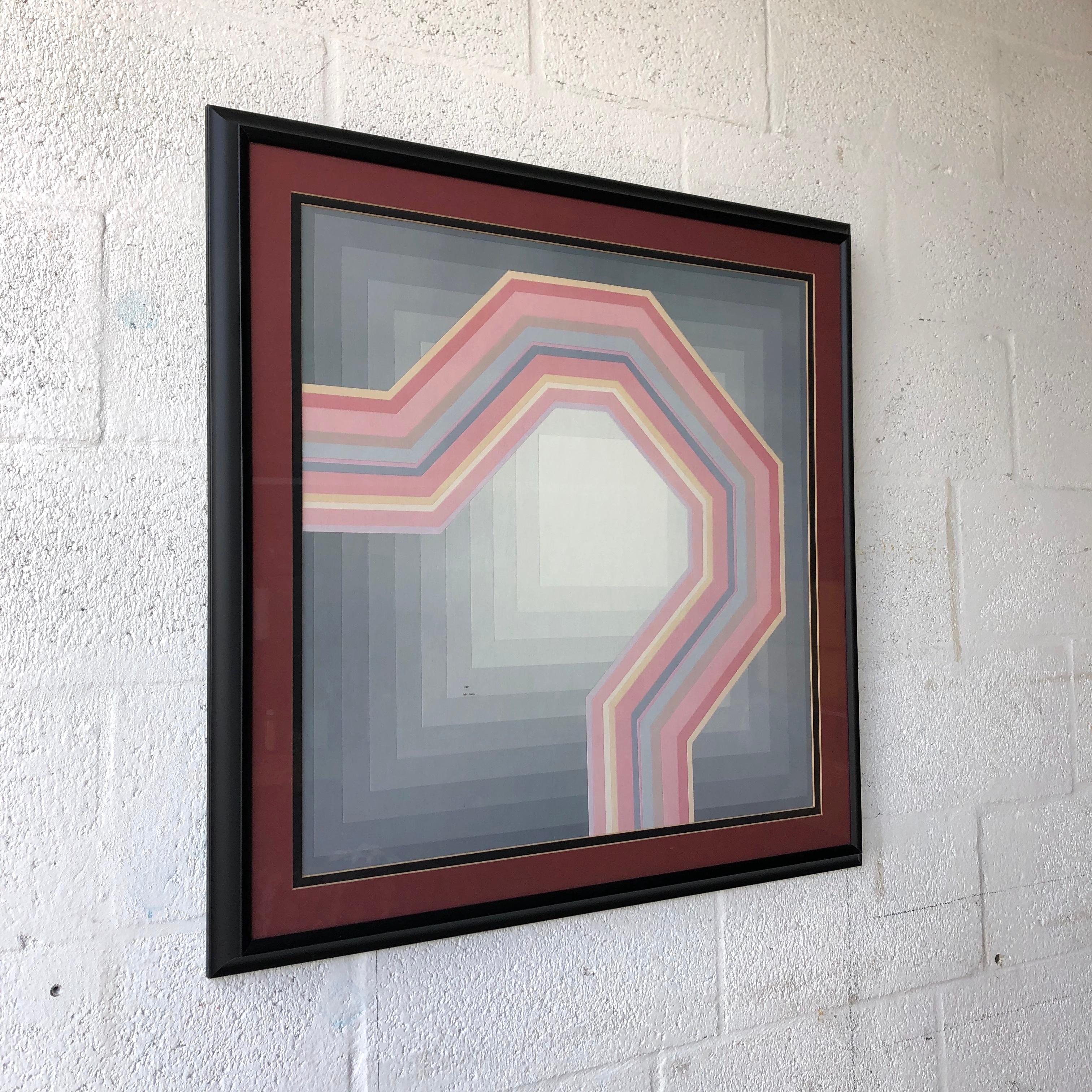 Framed Geometric Op Art Lithograph in the Richard Anuszkiewicz's Style . Circa 1980s
Features a geometric figure that successfully combines the 1980s Pastel Colors with Abstract Minimalism and Postmodern Optical Art. 
Professionally Framed with a