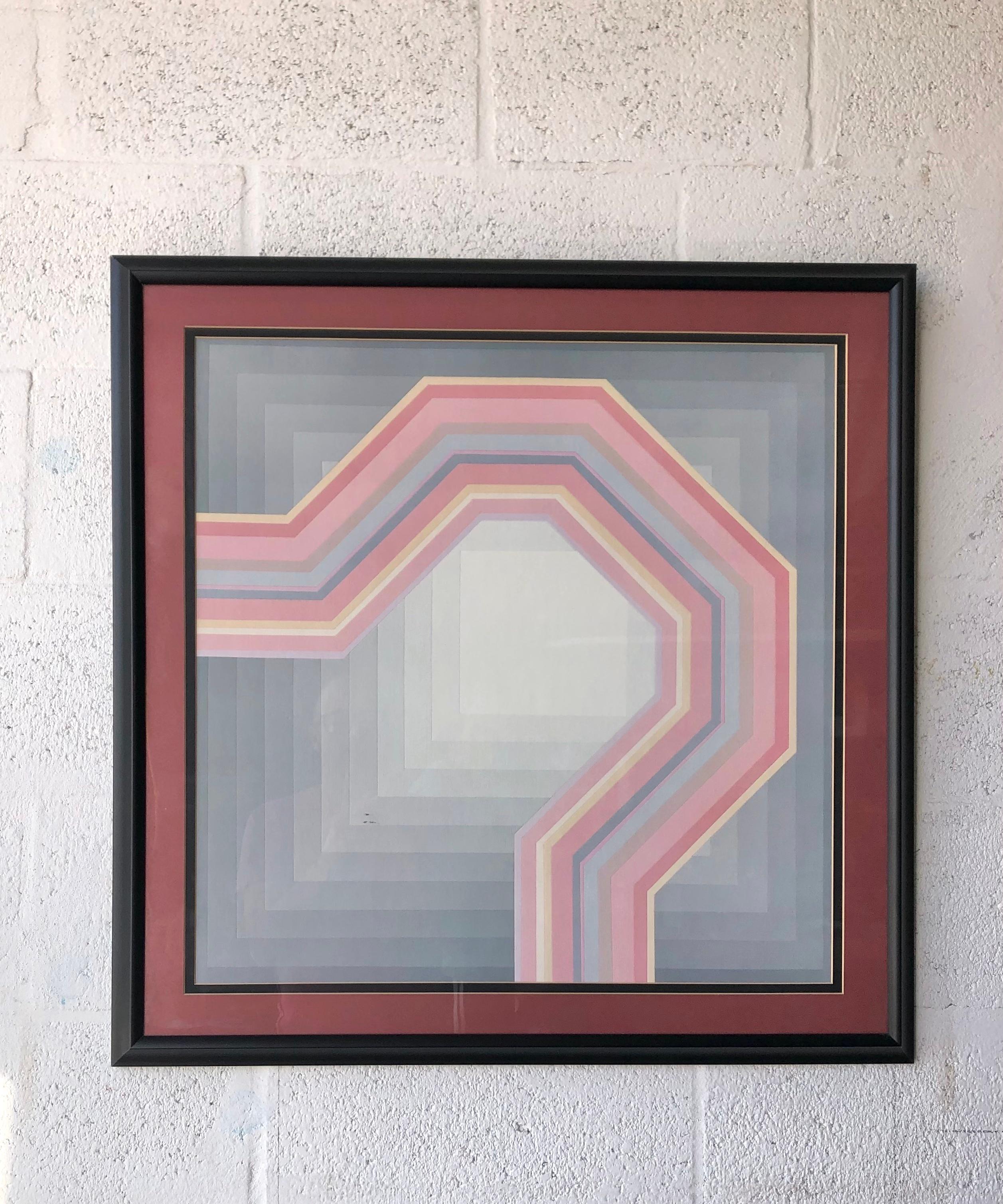 Postmoderne Lithographie géométrique encadrée d'op art dans le style de Richard Anuszkiewicz. C 1980 en vente
