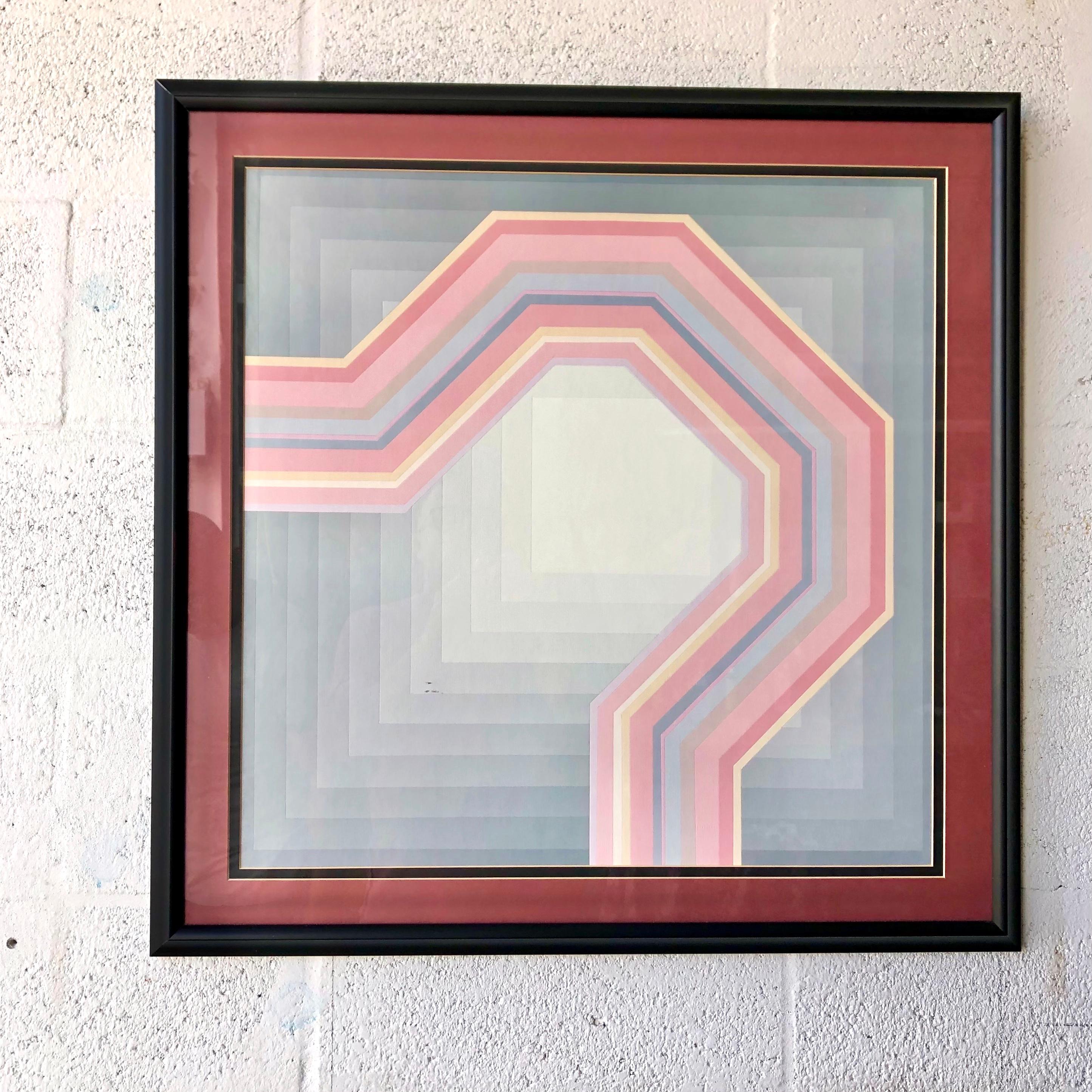 Américain Lithographie géométrique encadrée d'op art dans le style de Richard Anuszkiewicz. C 1980 en vente