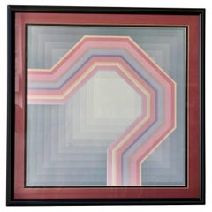 Lithographie géométrique encadrée d'op art dans le style de Richard Anuszkiewicz. C 1980