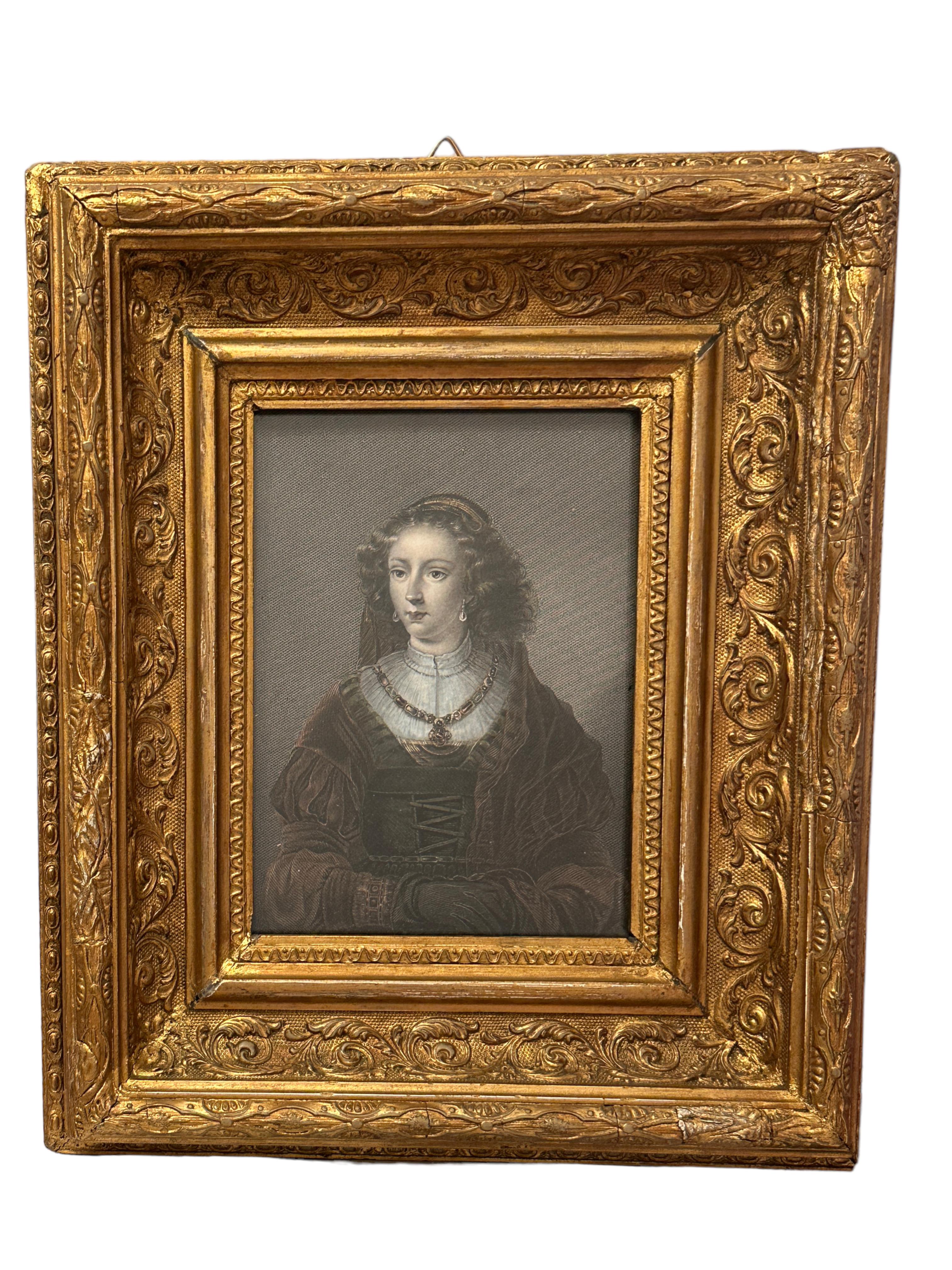 Baroque Framed German Hand Colored Stealing Engraving Portrait of a Noble Lady, 1840s For Sale