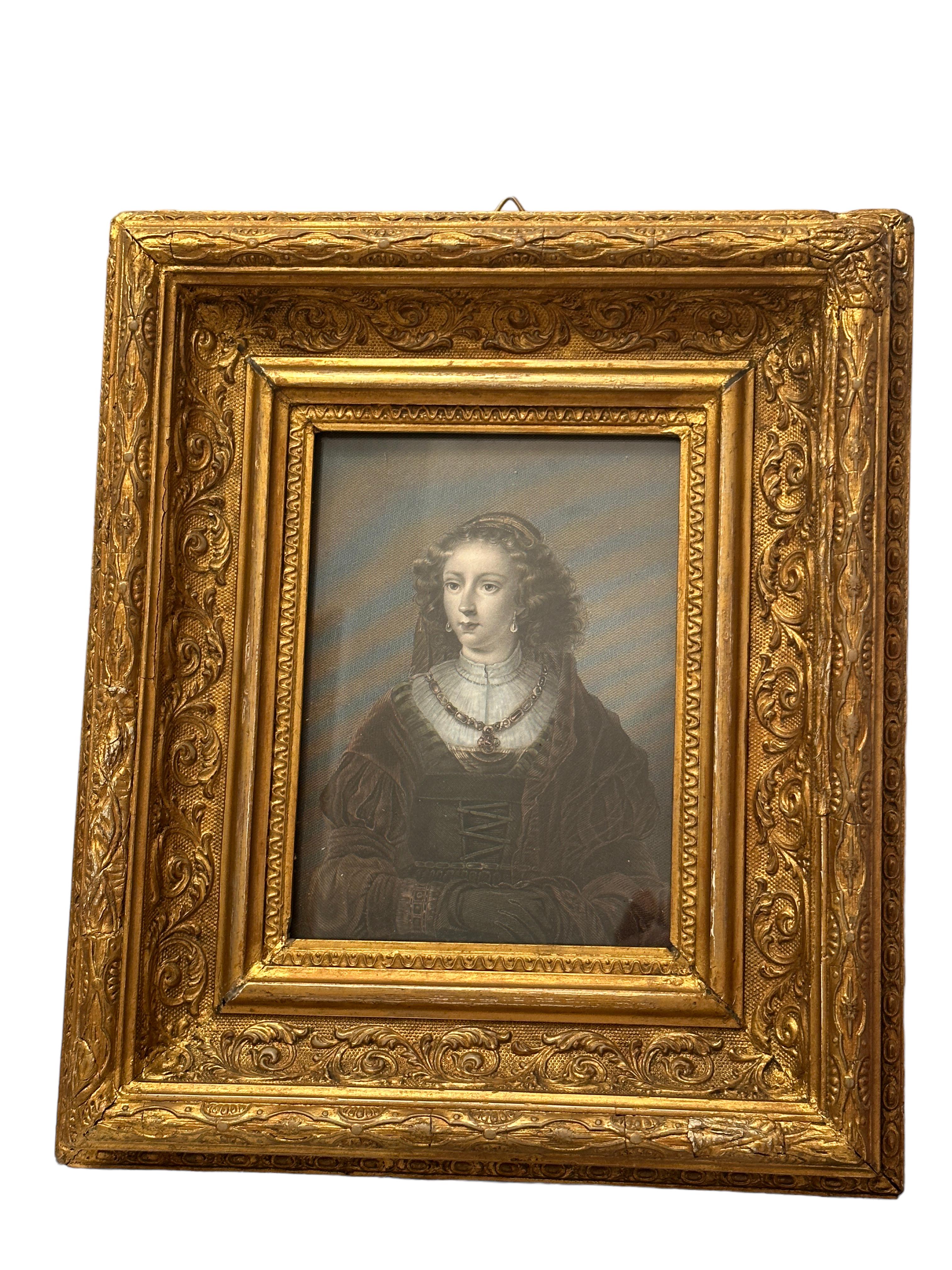 Hand-Crafted Framed German Hand Colored Stealing Engraving Portrait of a Noble Lady, 1840s For Sale