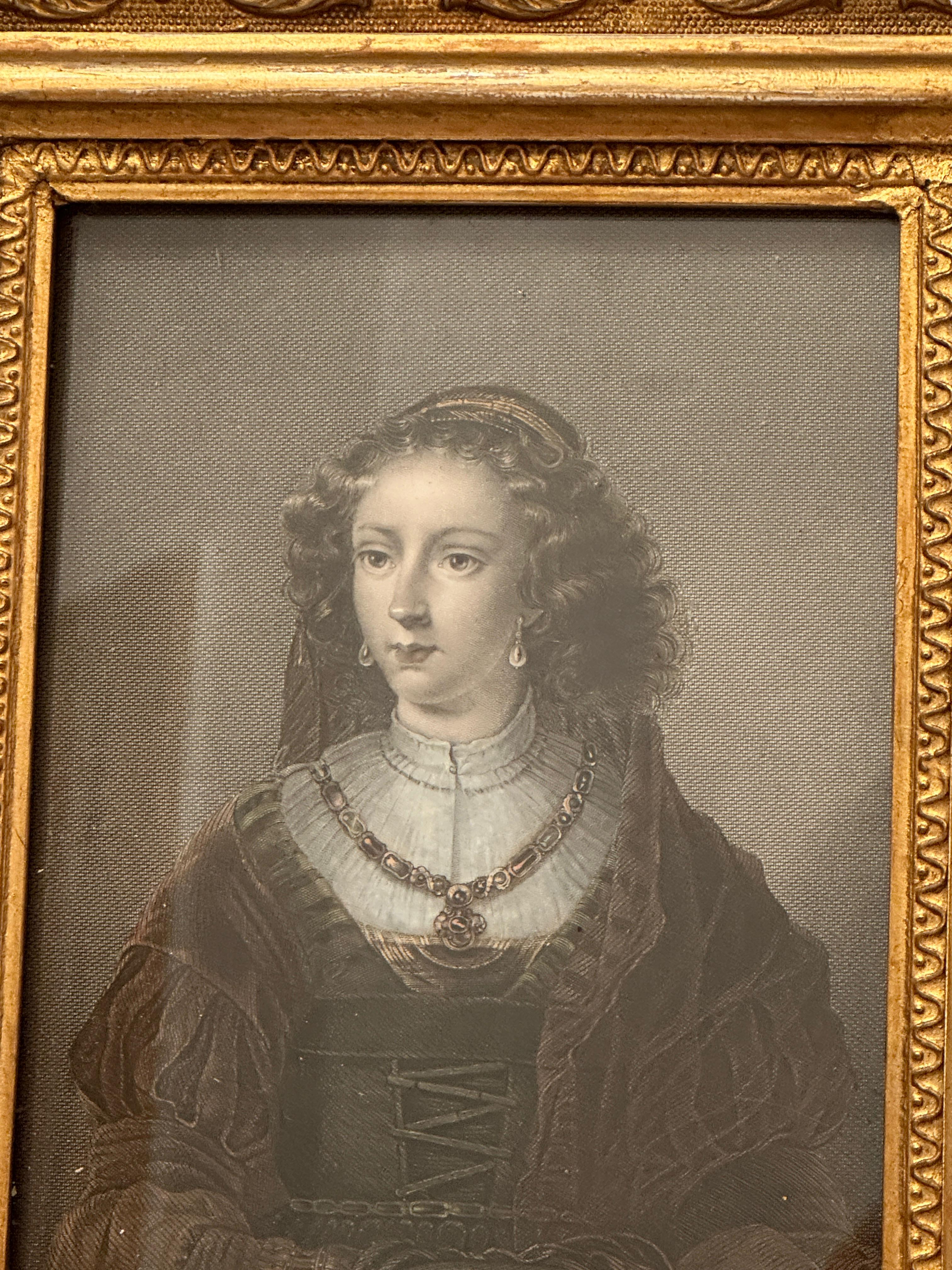 Framed German Hand Colored Stealing Engraving Portrait of a Noble Lady, 1840s In Good Condition For Sale In Nuernberg, DE