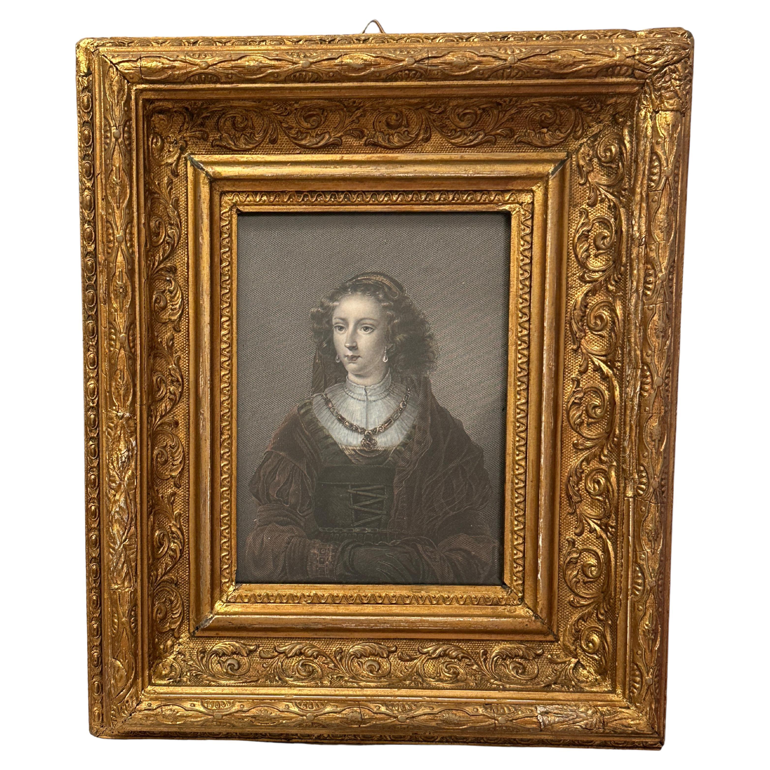 Framed German Hand Colored Stealing Engraving Portrait of a Noble Lady, 1840s For Sale