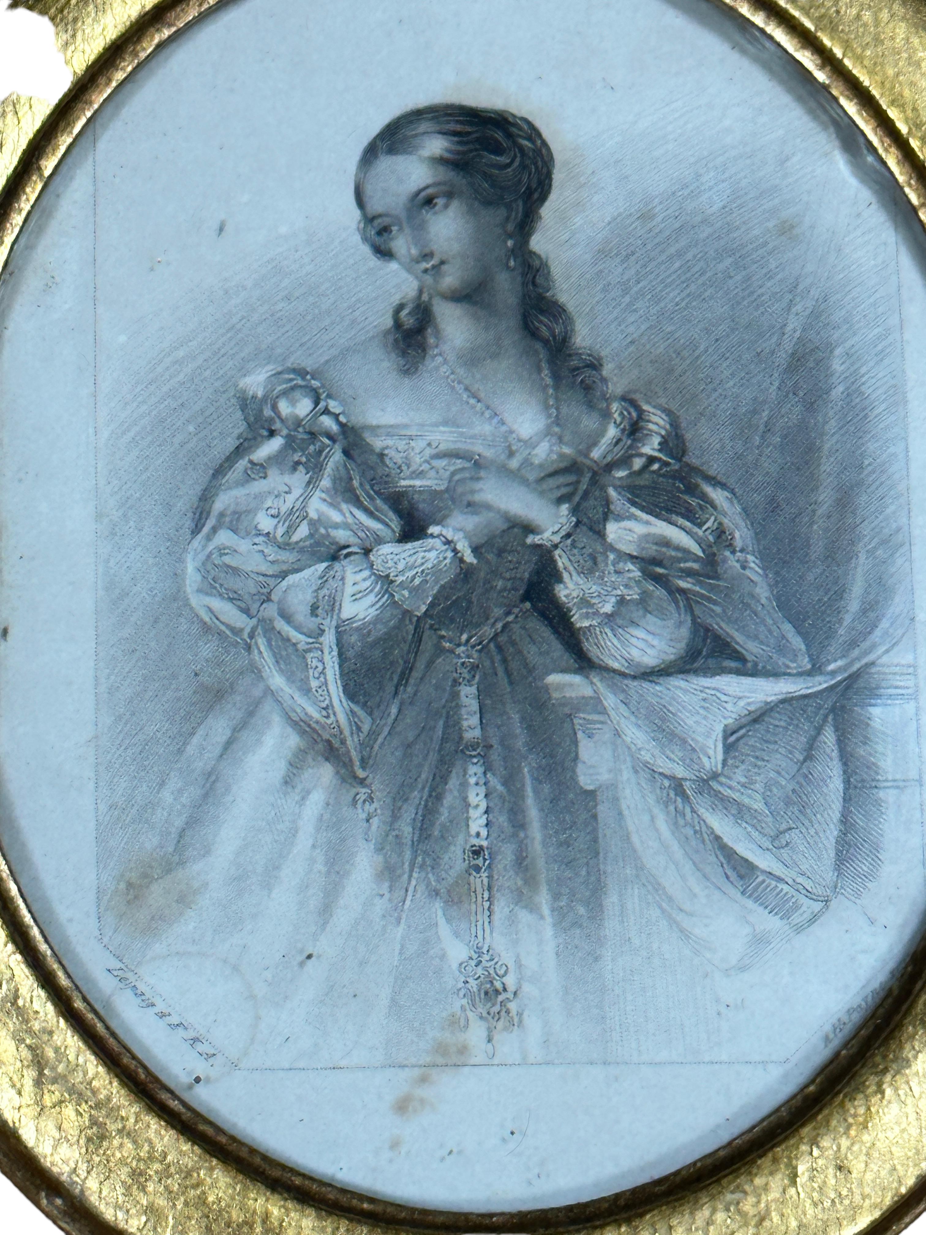 Eine außergewöhnliche Original-Lithographie der Dame. Signiert vom Künstler.
Schöner handgefertigter vergoldeter Biedermeier-Rahmen. Wir glauben, dass es aus den 1860er Jahren stammt.  Die sichtbare Bildgröße ist ca. 4,38