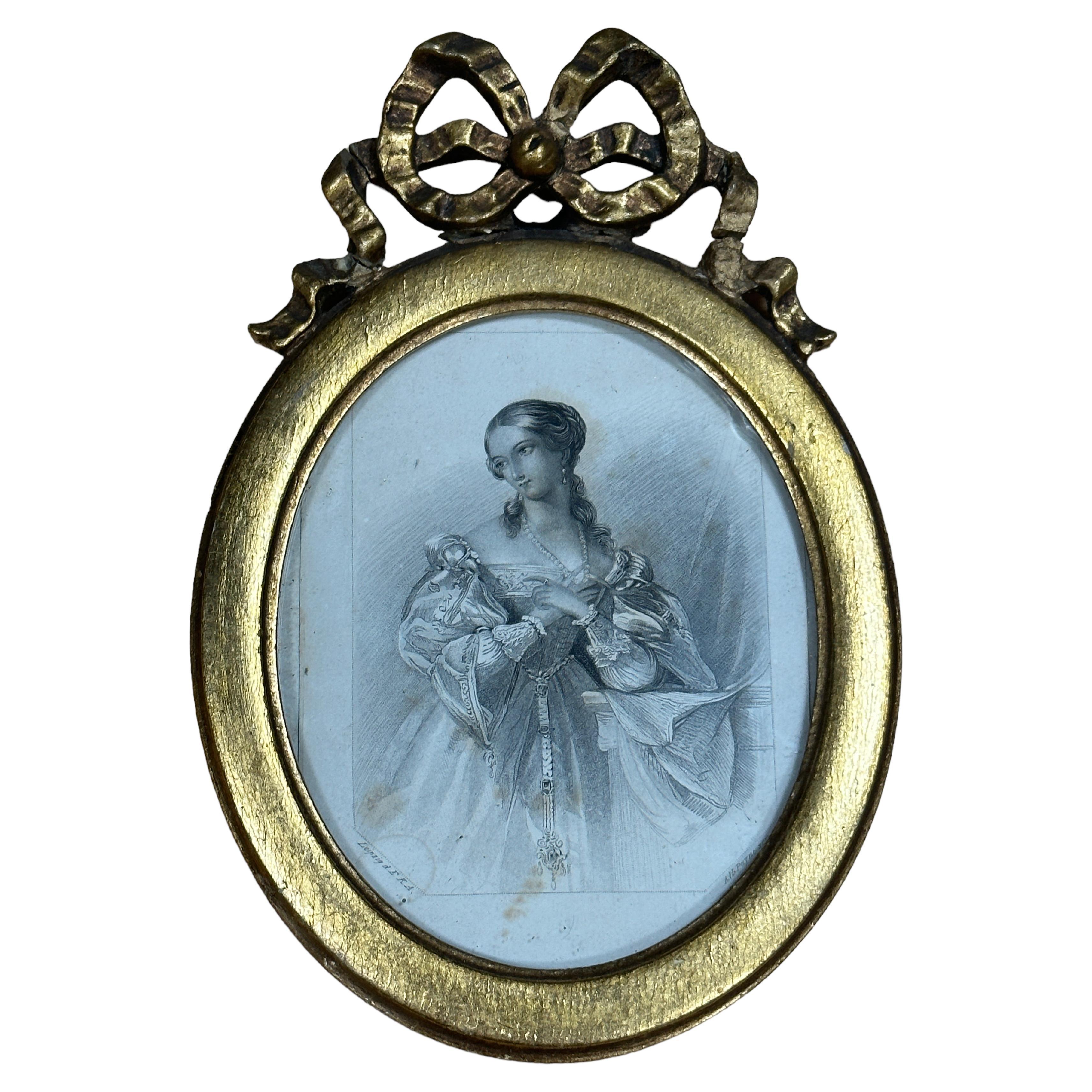 Framed German Lithographed Portrait of a Noble Lady, German Biedermeier 1860s