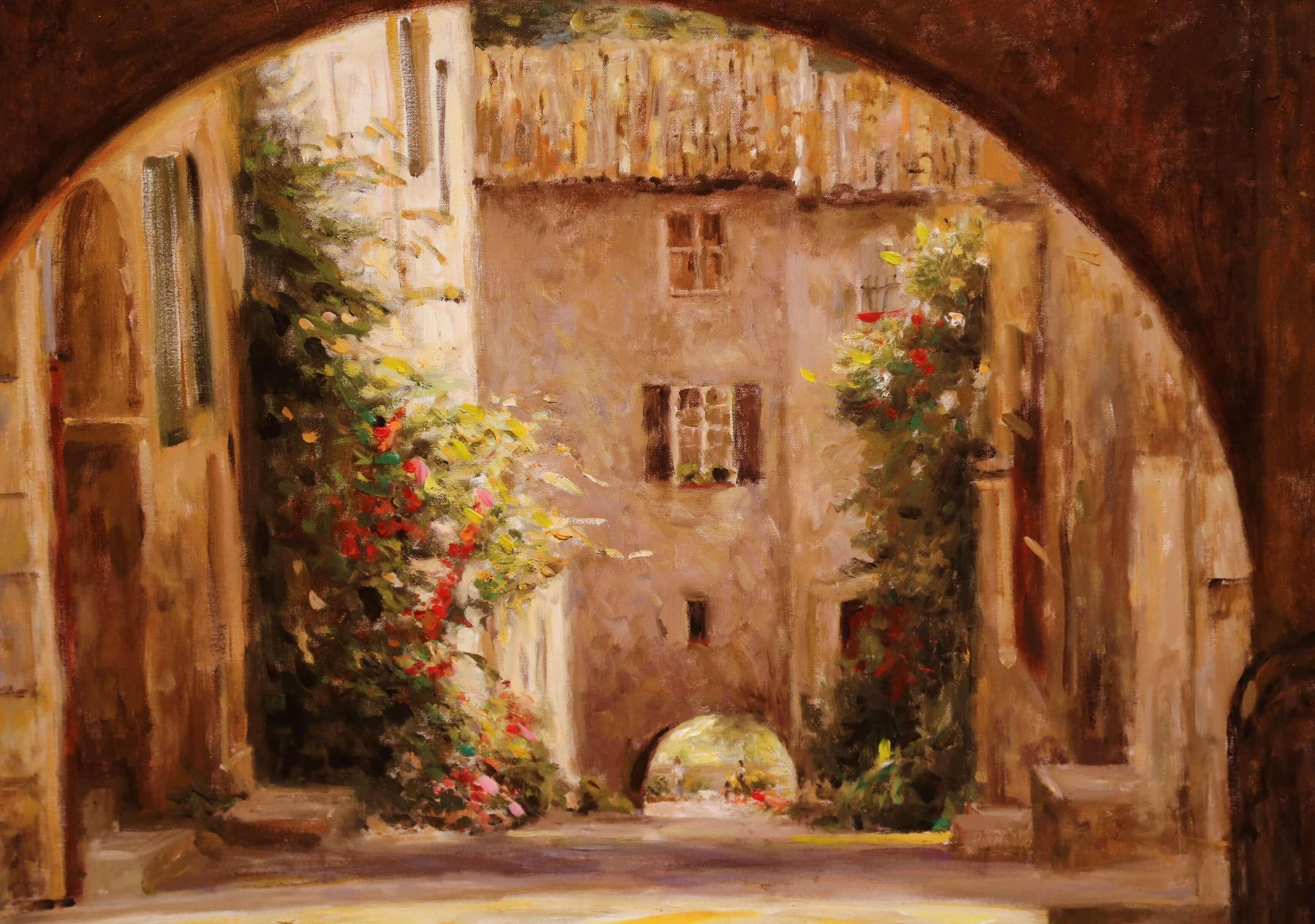 This idyllic architectural composition will be a gateway to beauty in your home. Framed by a grand arch, the courtyard scene is charming and serene. Leonard Wren's rendering of space, focus and soft, golden light will transport you to this place. In
