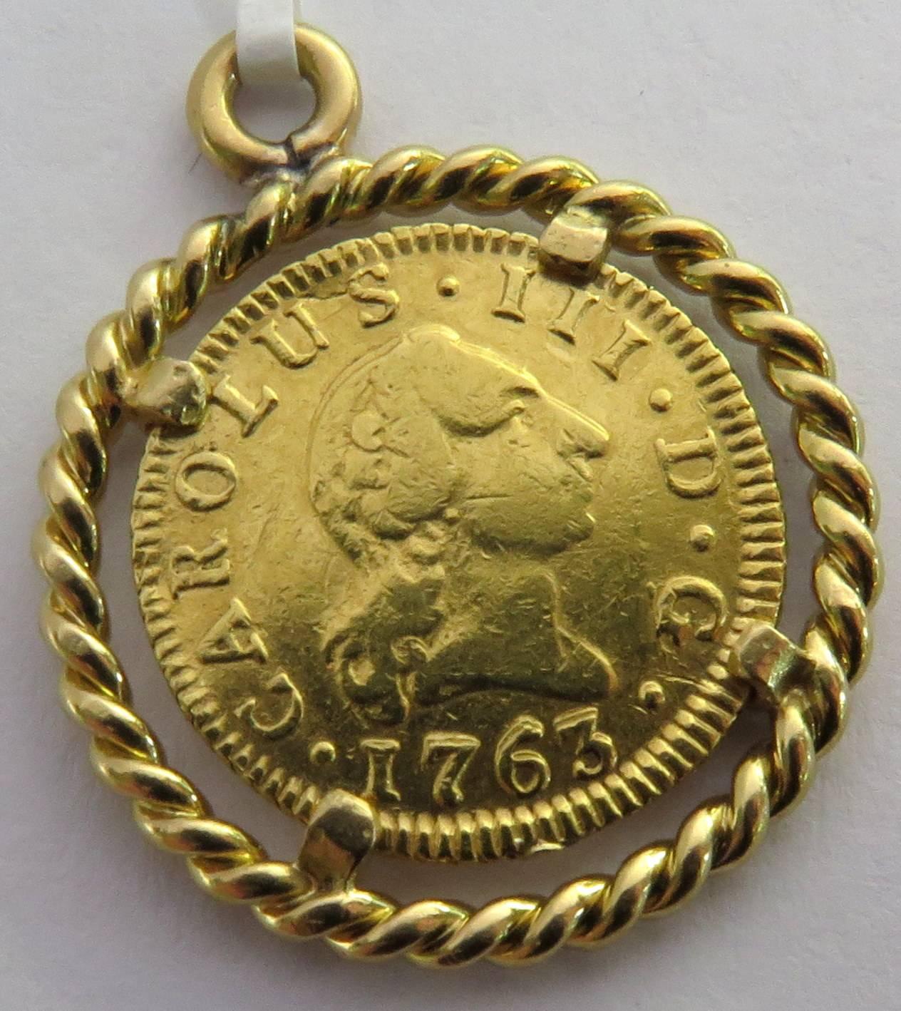 Framed Gold Coin Pendant Charm Dated 1763 In Good Condition For Sale In Palm Beach, FL